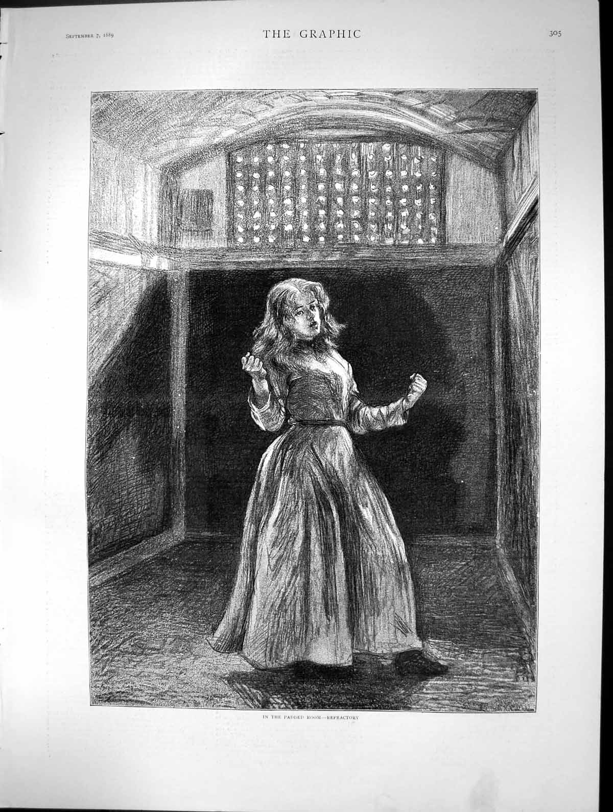 Original Old Antique Print Padded Room Refractory Young Woman Long Dress 1889