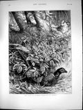 Original Old Antique Print October Pheasant In Covert Tree Leaves Dog 1873 19th