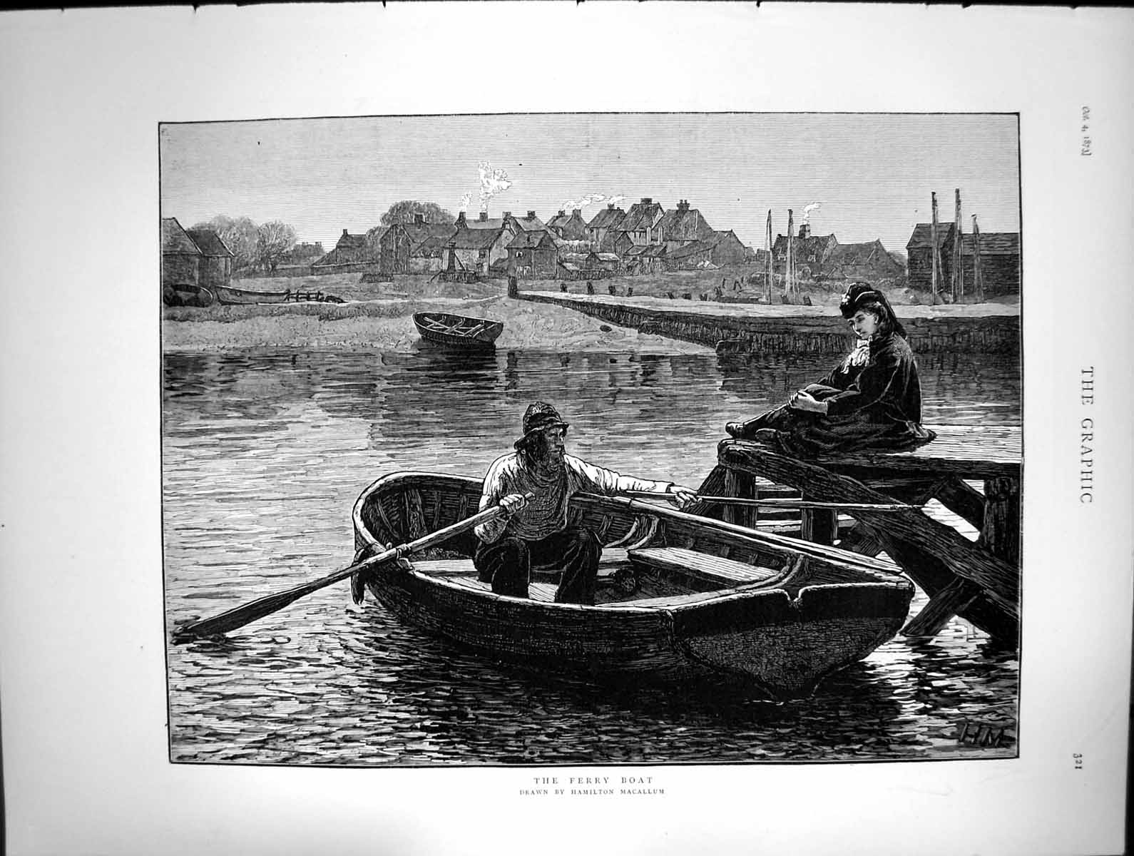 Old Antique Print Ferry Boat Hamilton Macallum Lady Pier Man Rowing 1873 19th