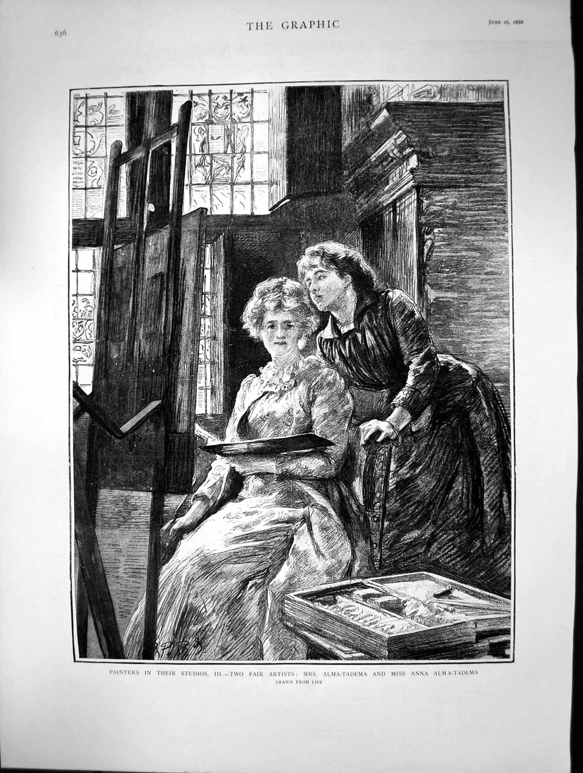 Antique Old Print Painters Studios Mrs Alma-Tadema Miss Anna Alma-Tadema 1888