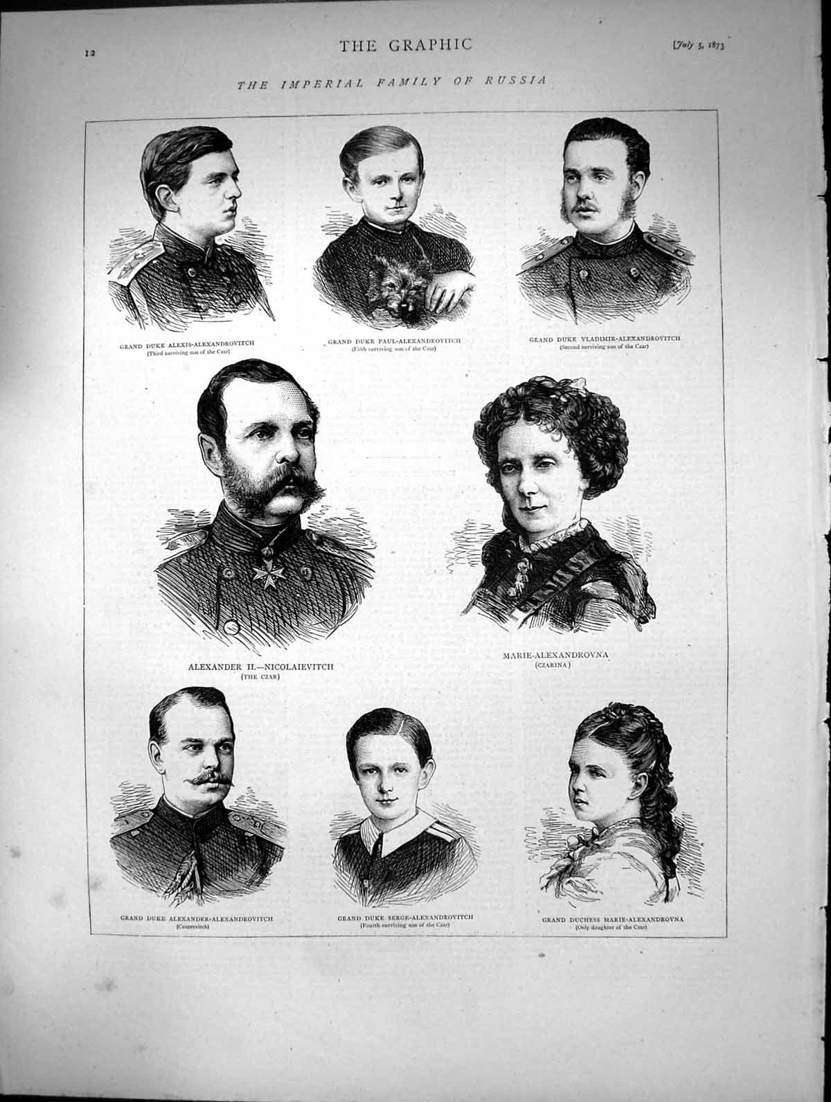 Antique Old Print Imperial Family Russia Czar Alexander11 Czarina Marie 1873