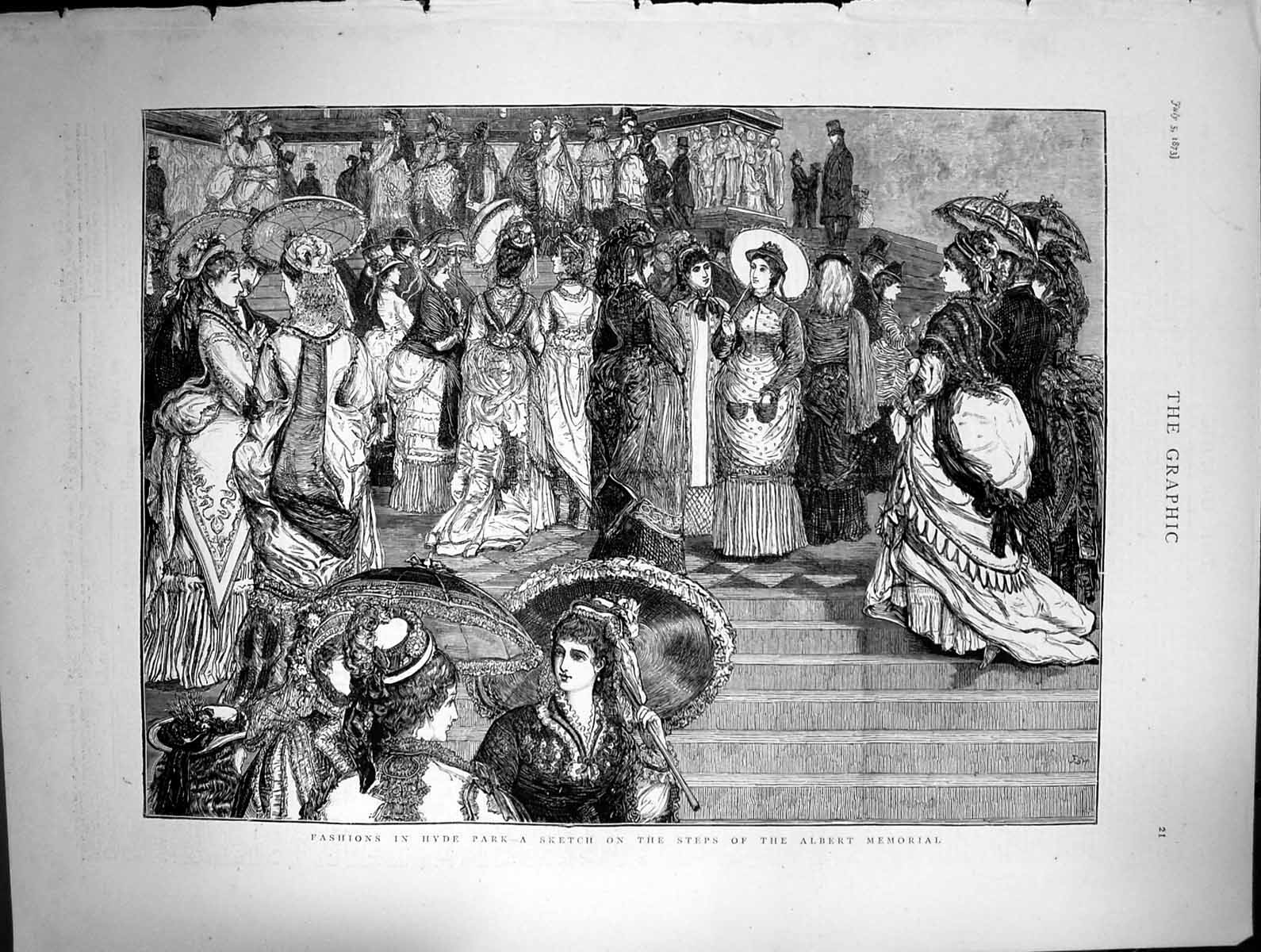 Original Old Antique Print Fashions Hyde Park Steps Albert Memorial Ladies 1873