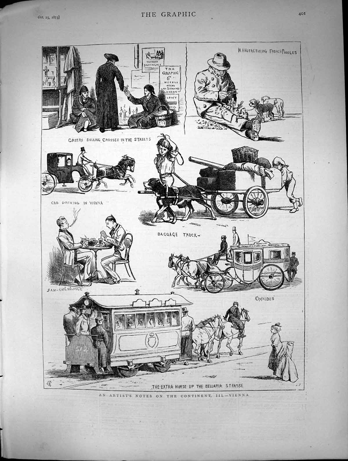 Antique Old Print Vienna Omnibus Cab Driving Cafe Greek Sellers Strasse 1873