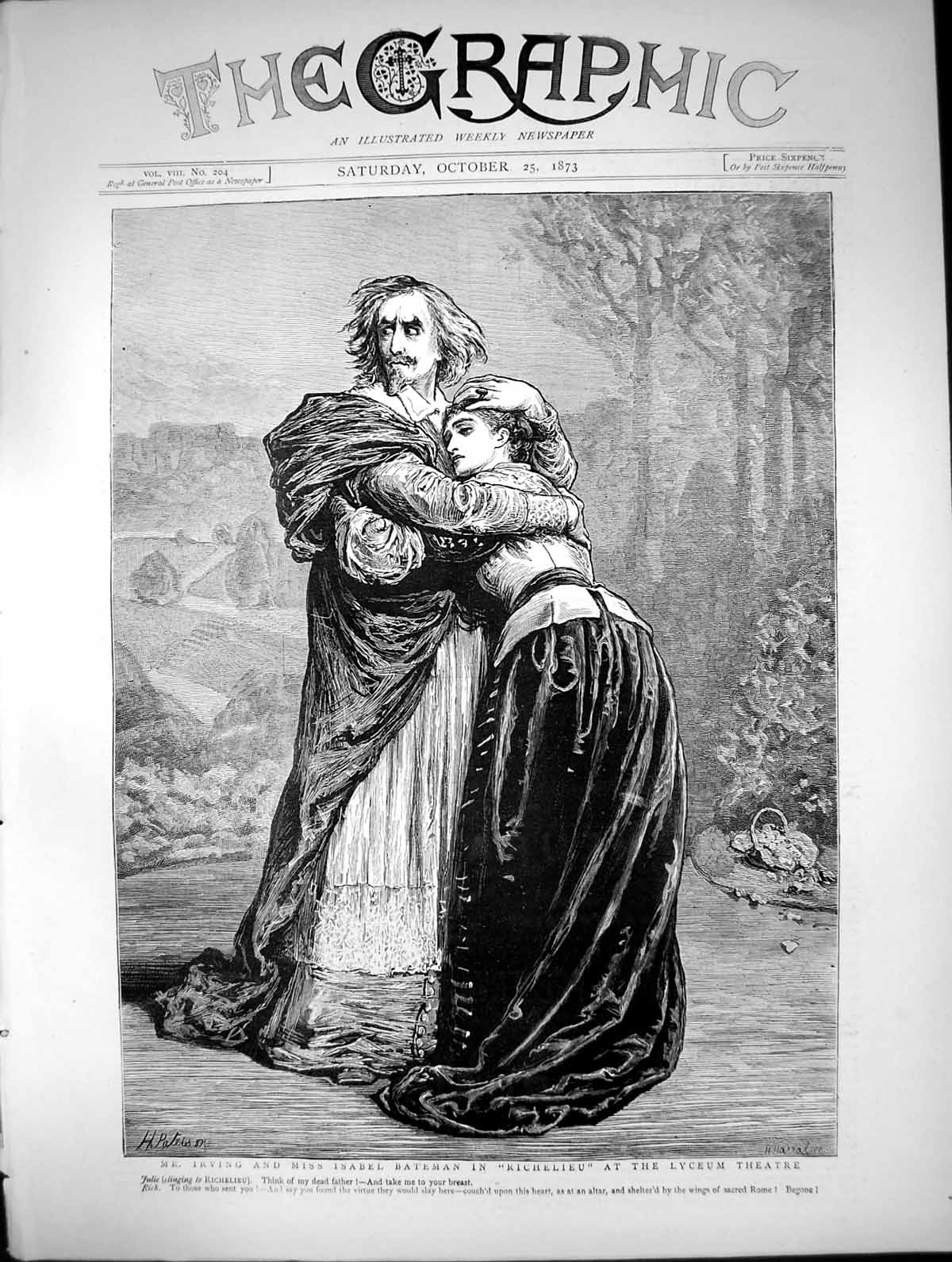 Antique Old Print Mr Irving Miss Isabel Bateman Richelieu Lyceum Theatre 1873