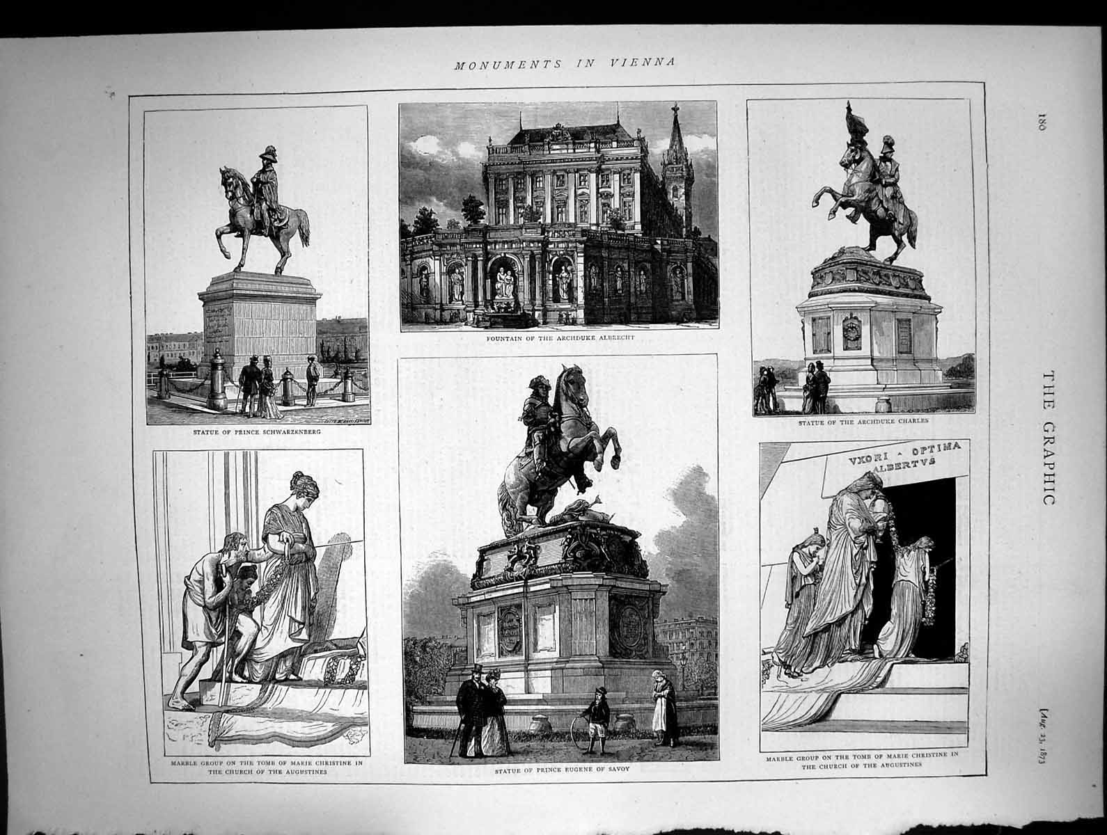 Antique Old Print Vienna Tomb Marie Christine Statue Archduke Charles 1873 19th