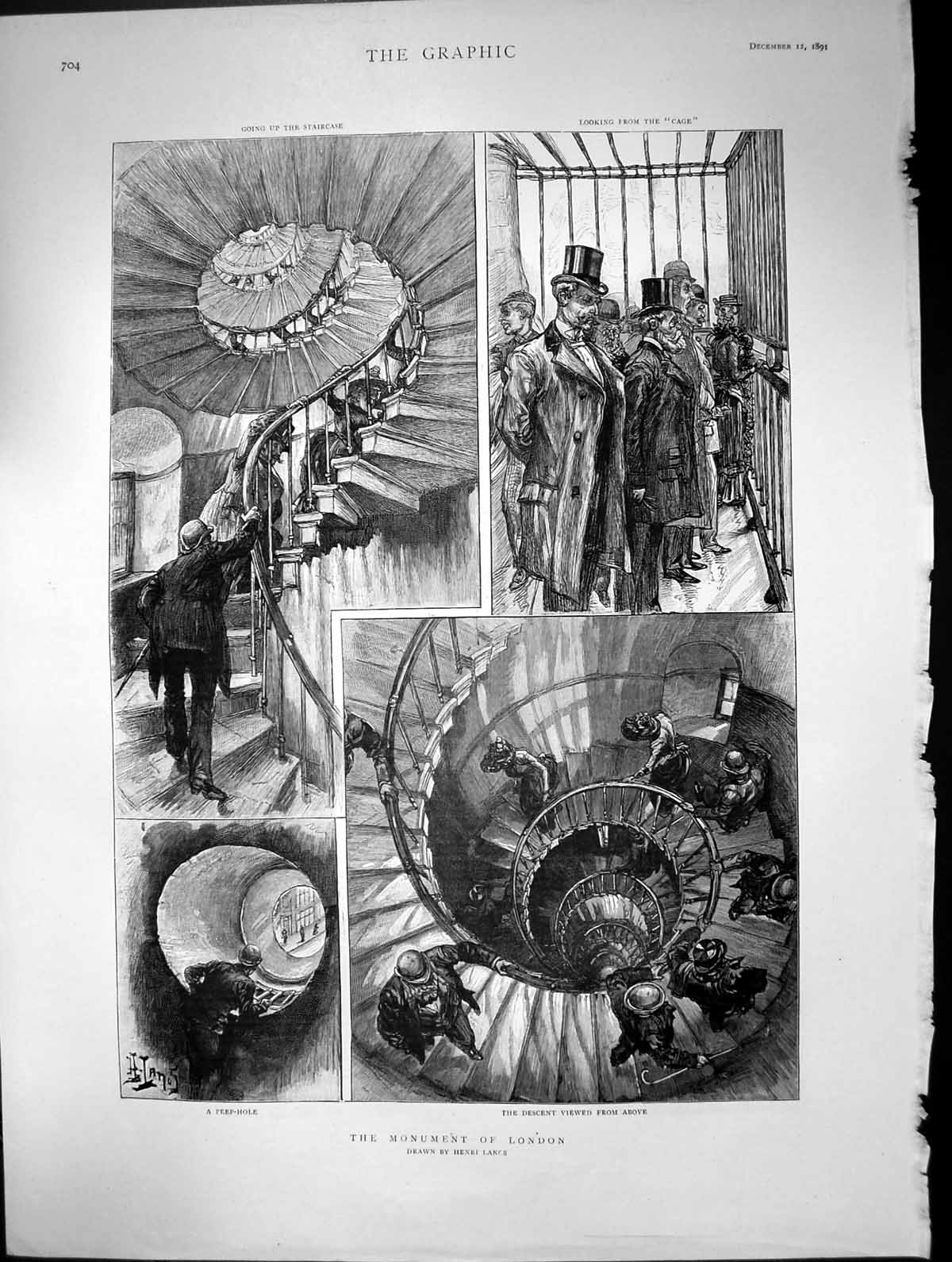 Old Antique Print Monument London Staircase Peep Hole Cage Descent 1891 19th