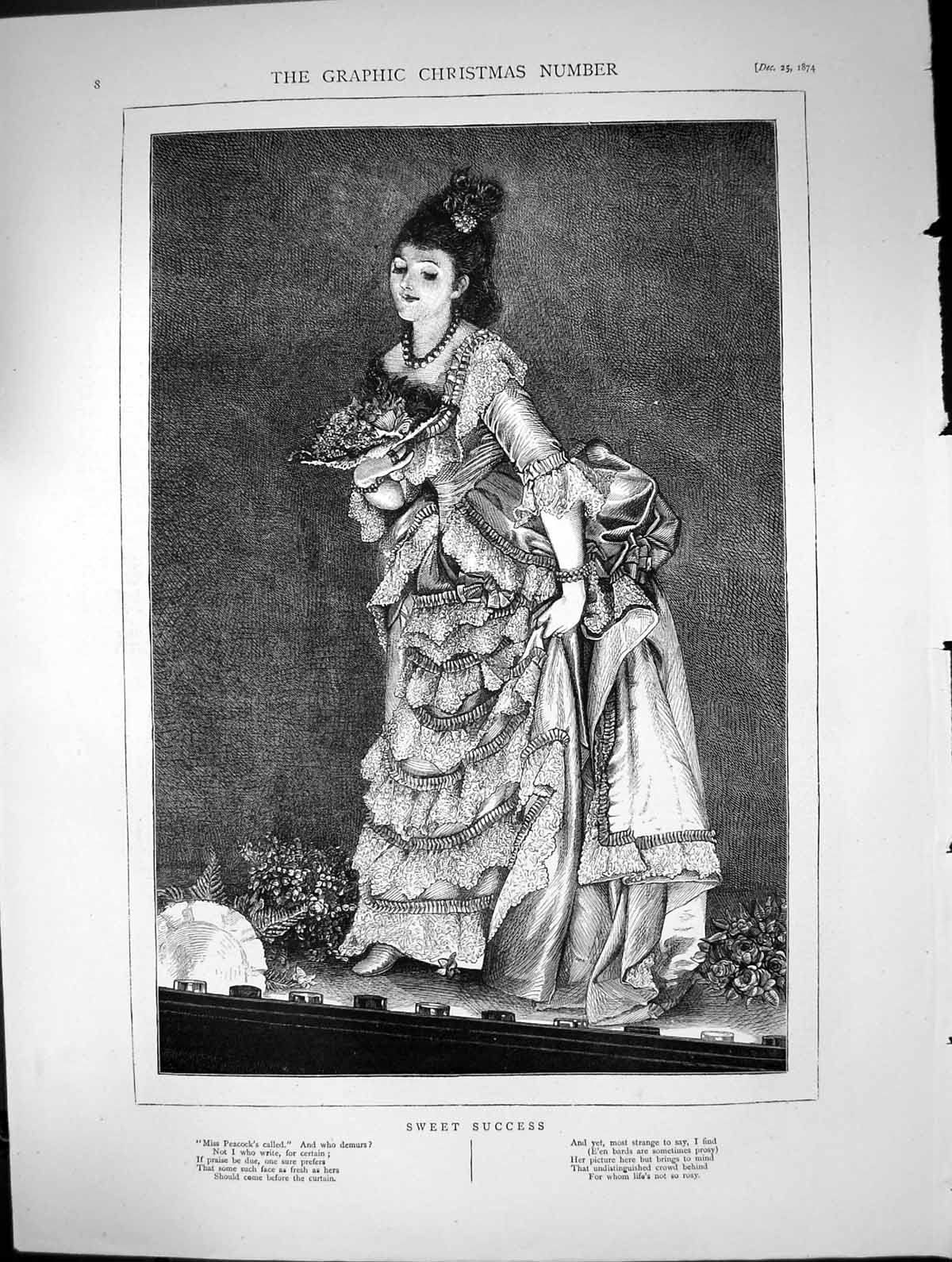 Original Old Antique Print Sweet Success Lady Stage Miss Peacock 1874 Victorian