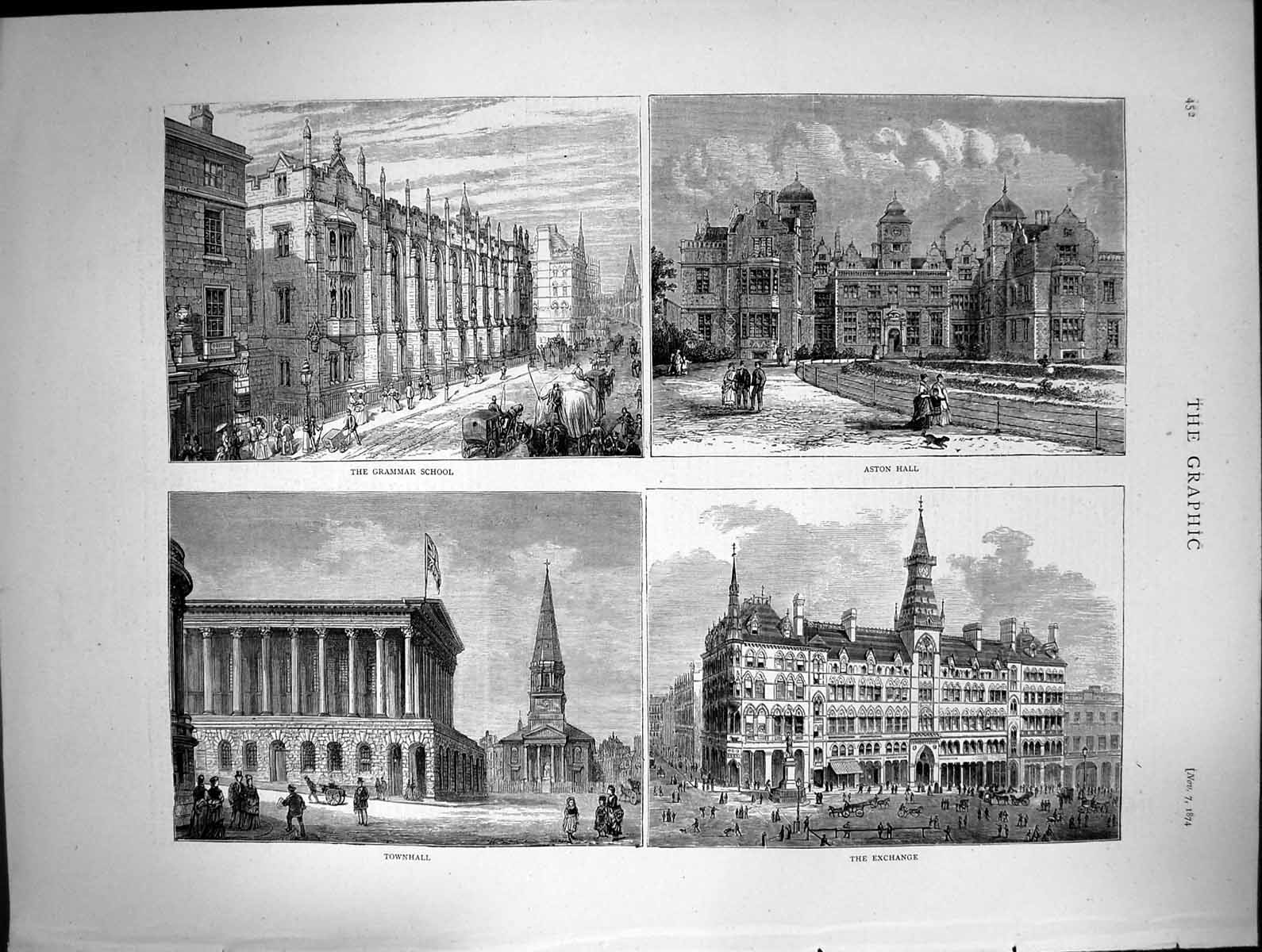 Original Old Antique Print Grammar School Aston Hall Townhall Exchange 1874