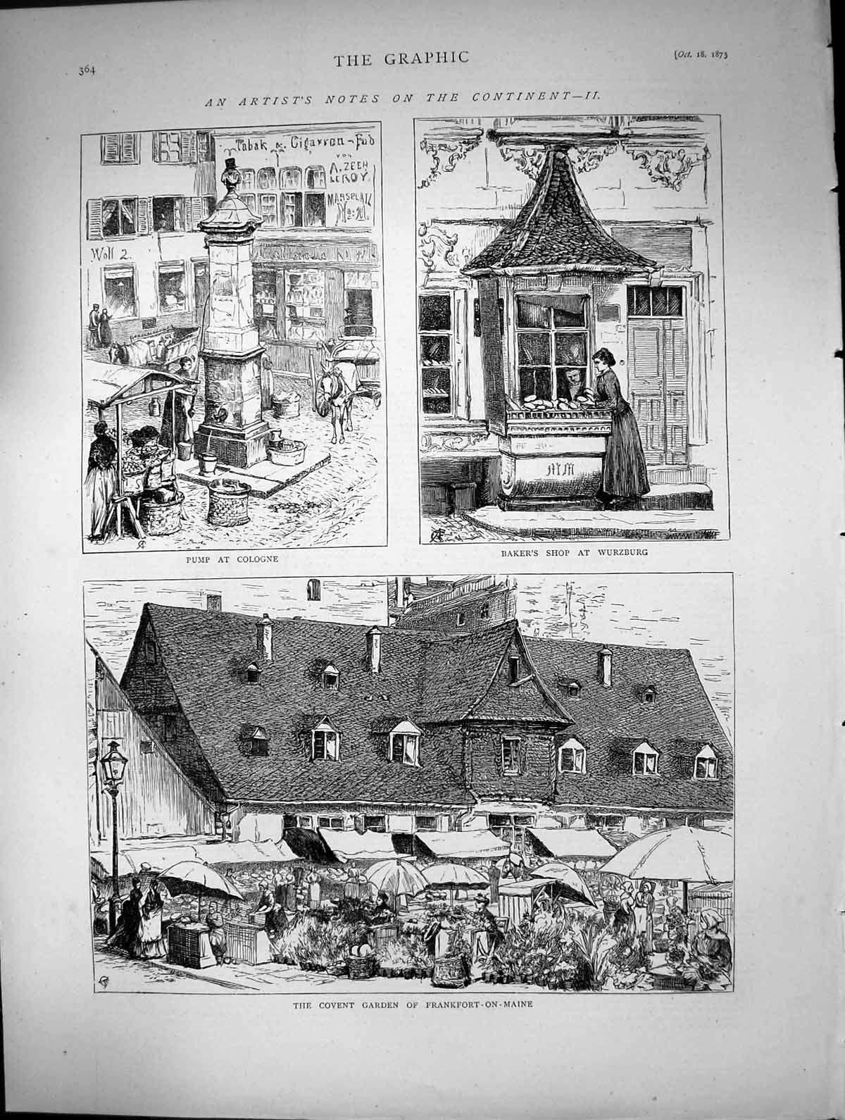 Old Antique Print Covent Garden Frankfort Pump Cologne Shop Wurzburg 1873 19th