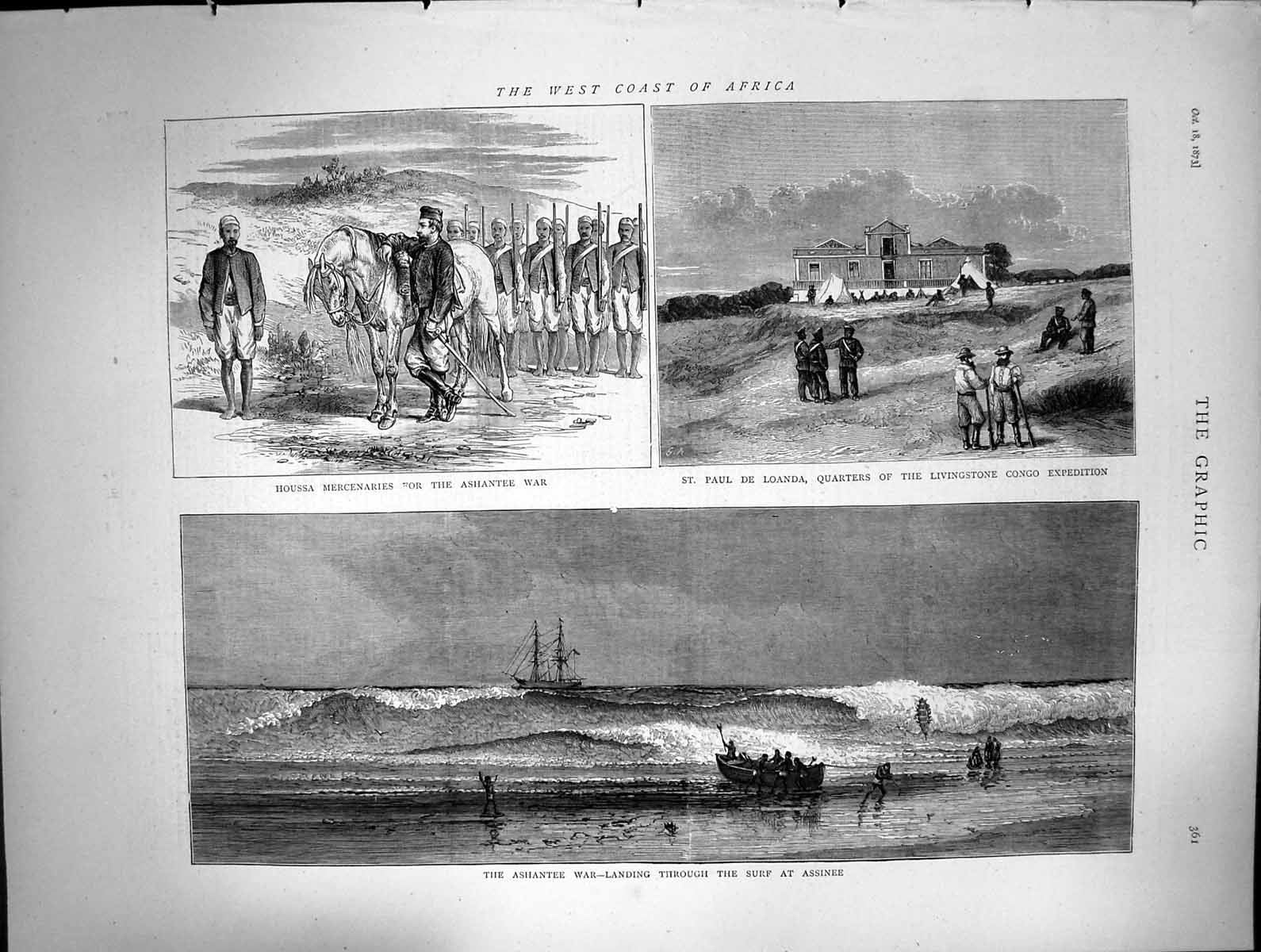 Antique Old Print Ashantee War Houssa Mercenaries Landing Surf Assinee 1873