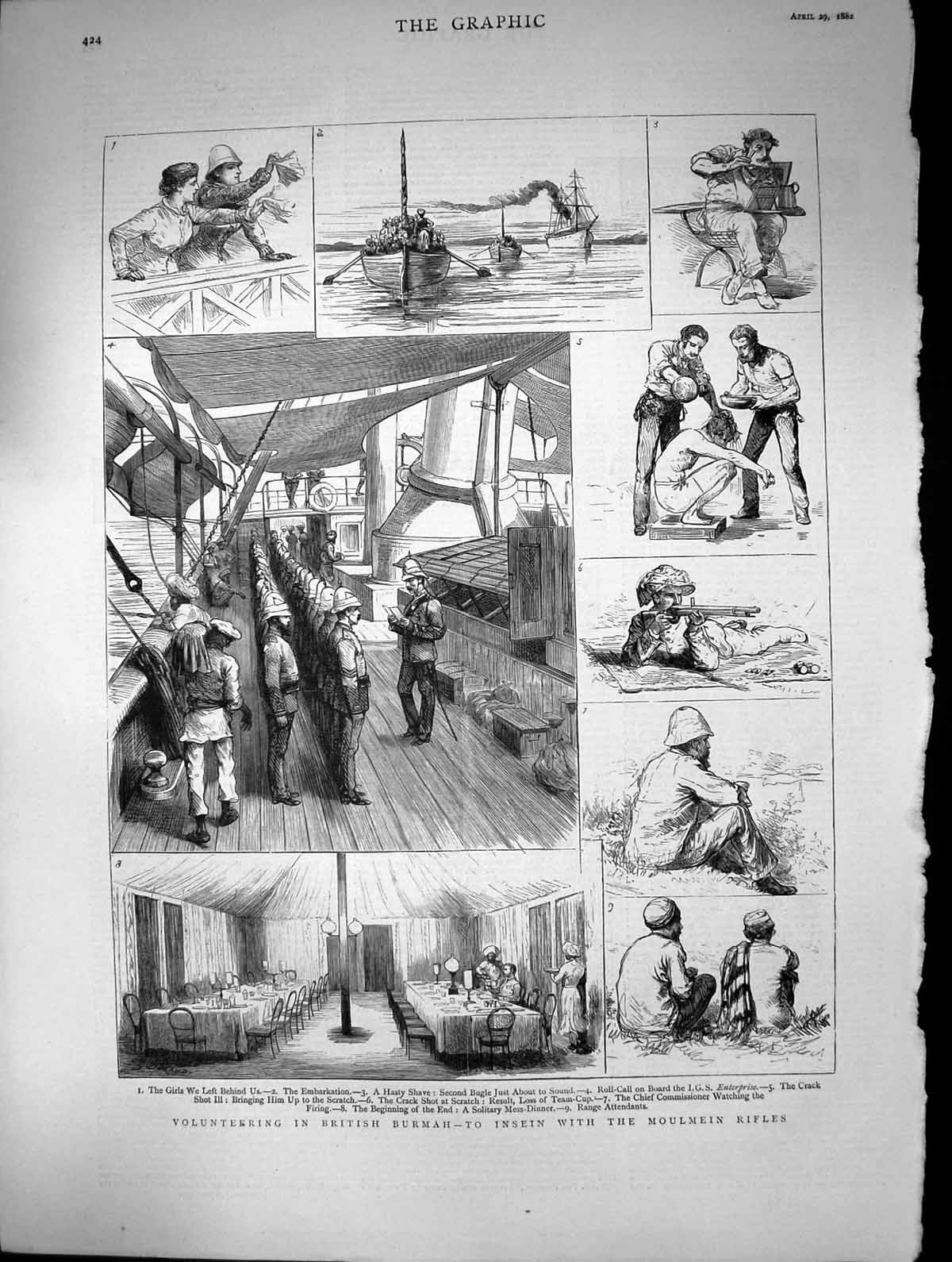 Old Antique Print Volunteering British Burmah Insein Moulmein Rifles 1882 19th