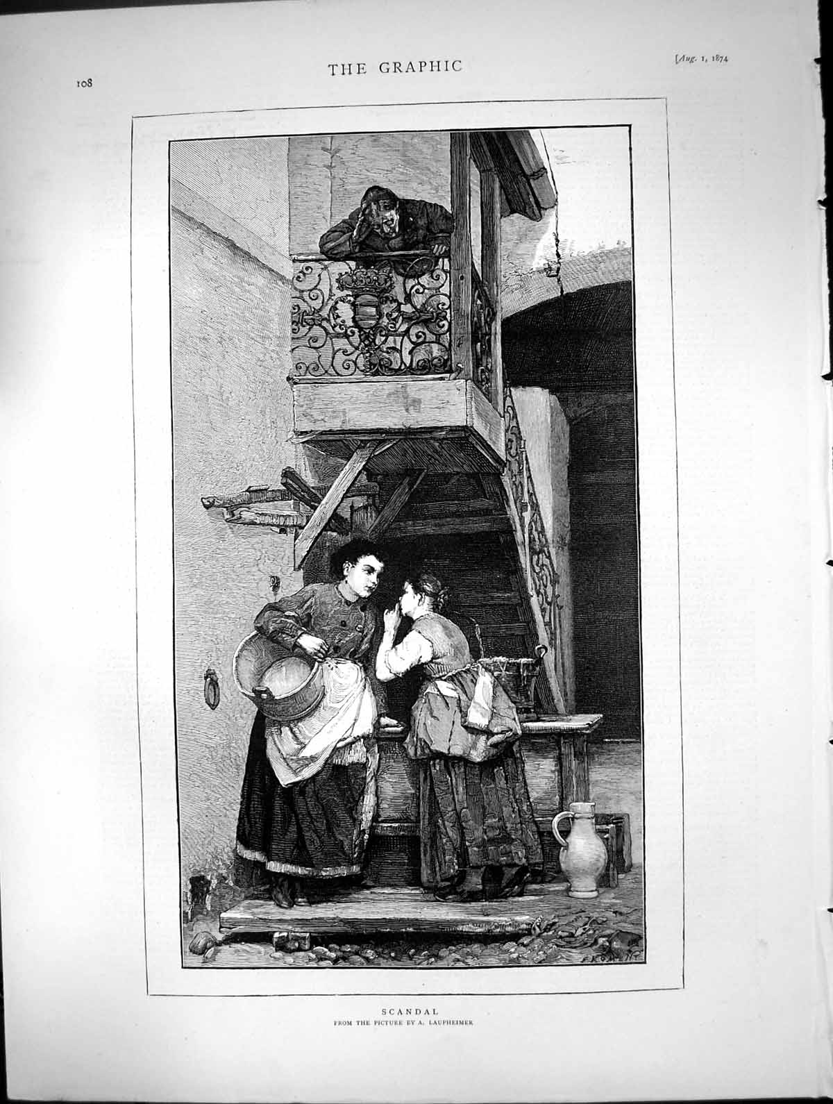 Antique Old Print ScandalWomen Whispering Women Upstairs Listening 1874