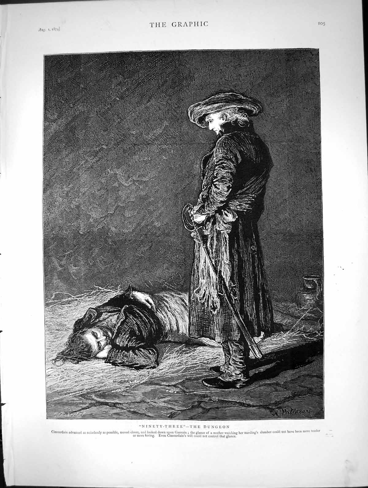 Old Antique Print Ninety Three Dungeon Cimourdain Look Down Gauvain 1874 19th