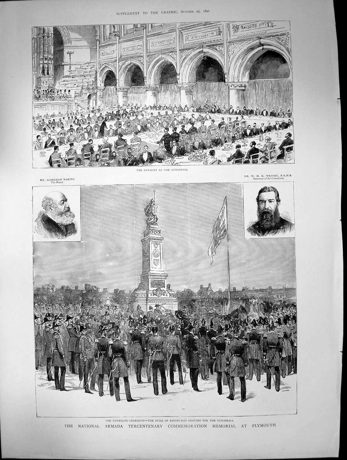 Original Old Antique Print National Armada Tercentenary Memorial Plymouth 1890
