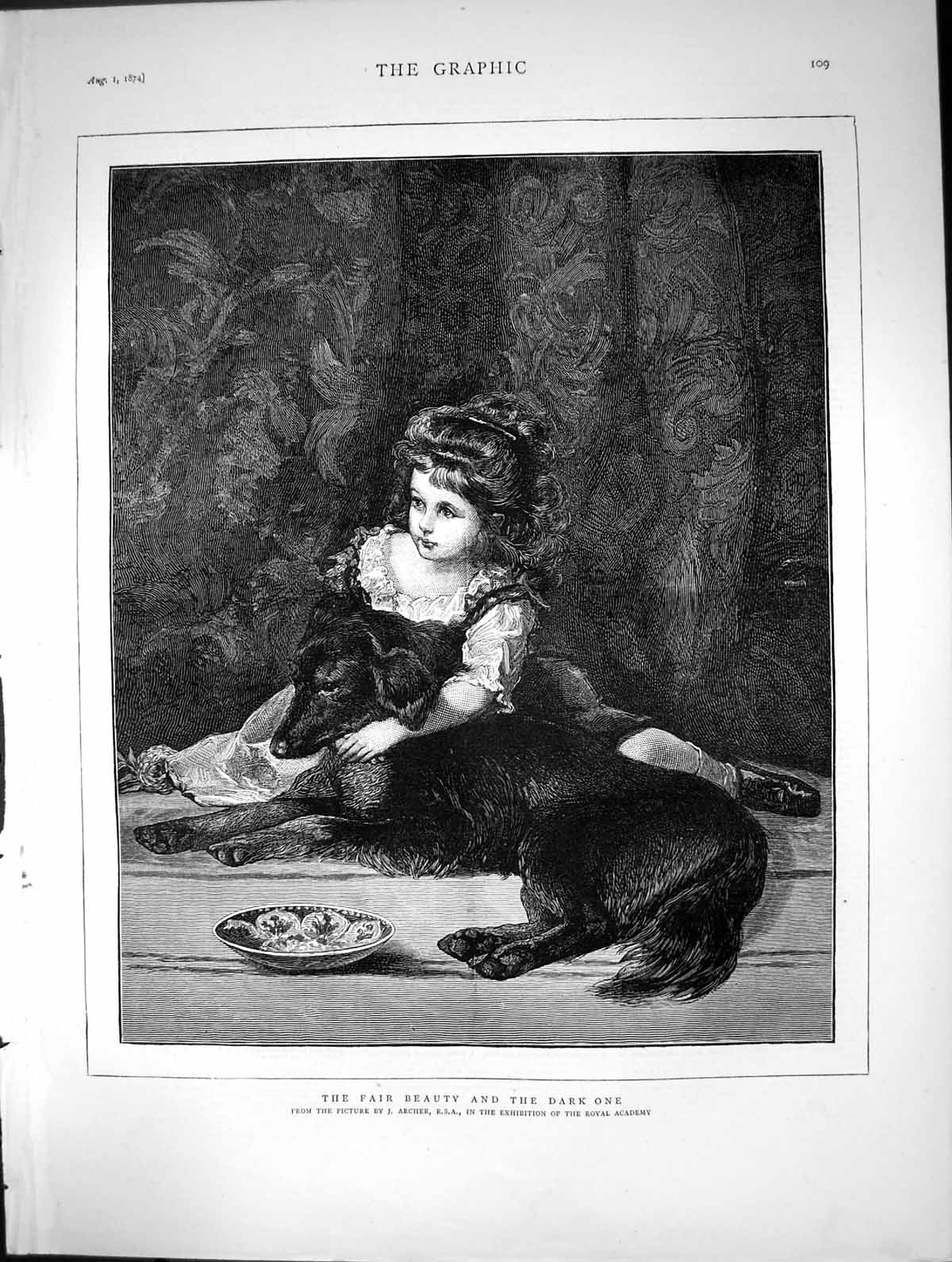 Original Old Antique Print Fair Beauty Dark One J Archer Girl Hing Dog 1874