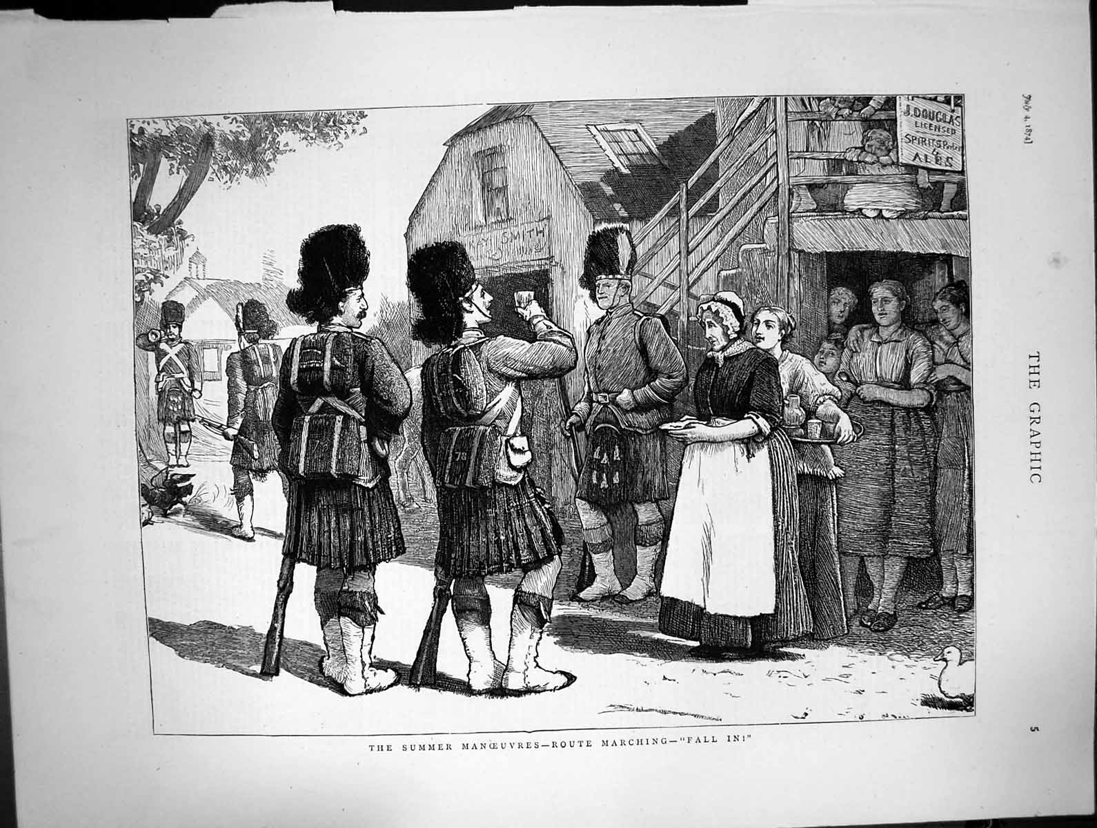 Antique Old Print Summer Manoeuvres Route Marching Fall In Siers Kilts 1874