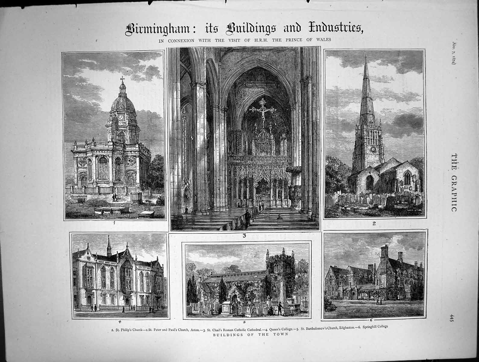 Antique Print Birmingham Buildings Industries Queens College Cathedral 1874