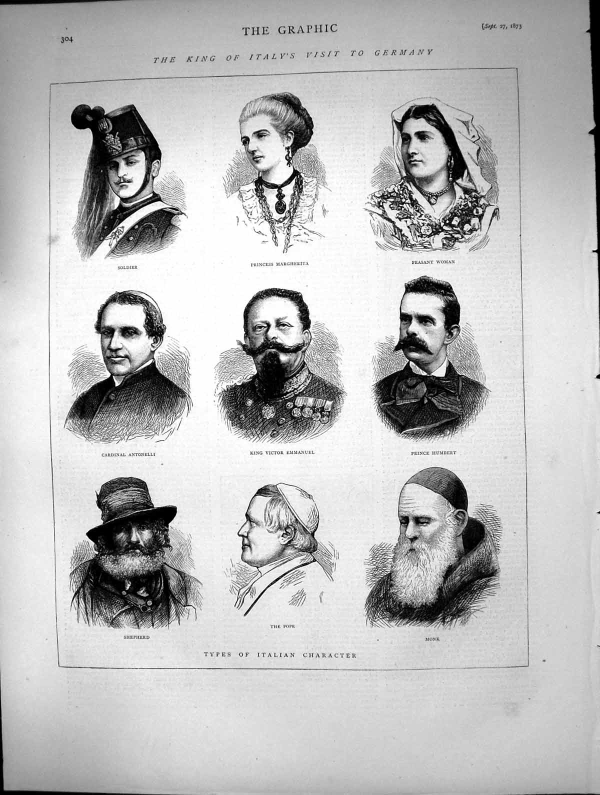 Antique Old Print Italian Characters King Victor Emmanuel Prince Humbert 1873