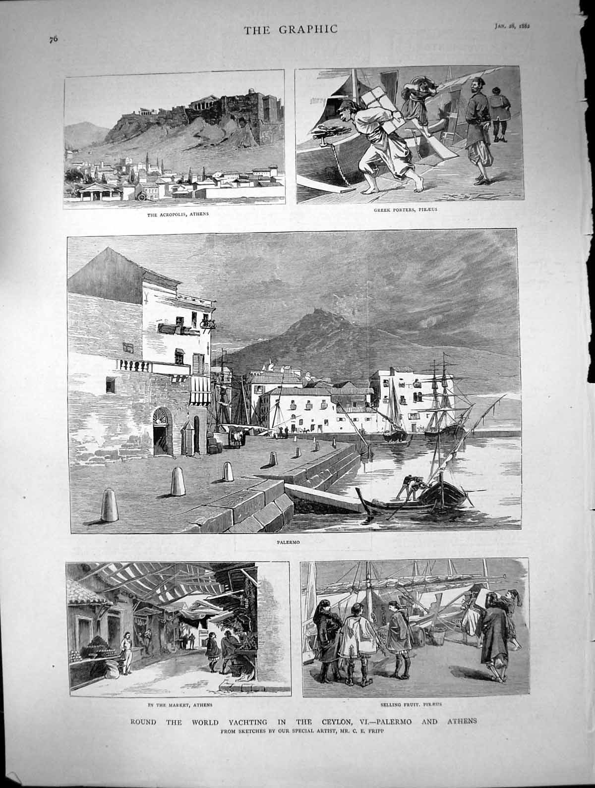 Old Antique Print Yachting Ceylon Palermo Athens Acropolis Piraeus 1882 19th