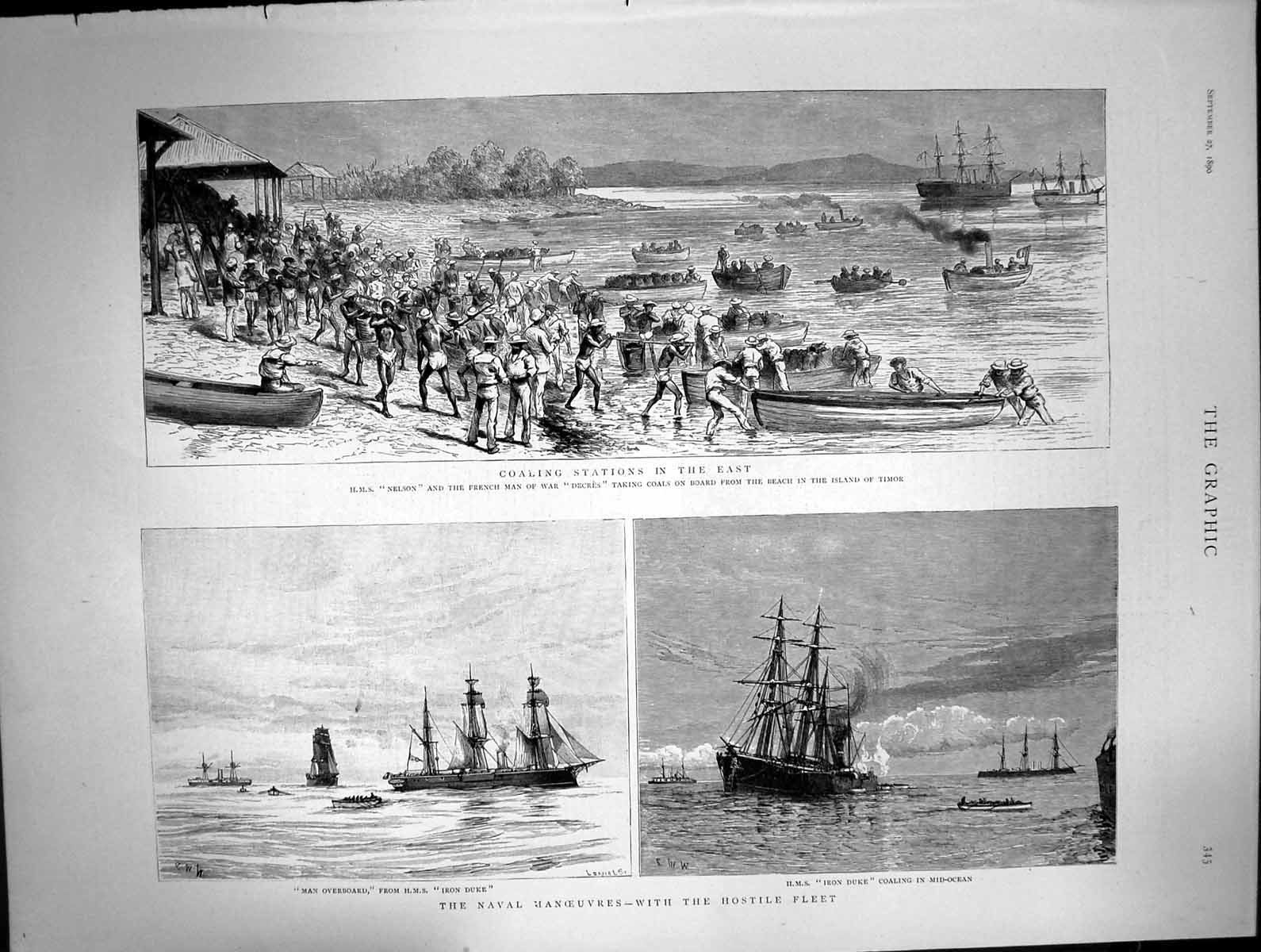 Antique Old Print Coaling Stations East Hms Nelson Decres Hms Iron Duke 1890