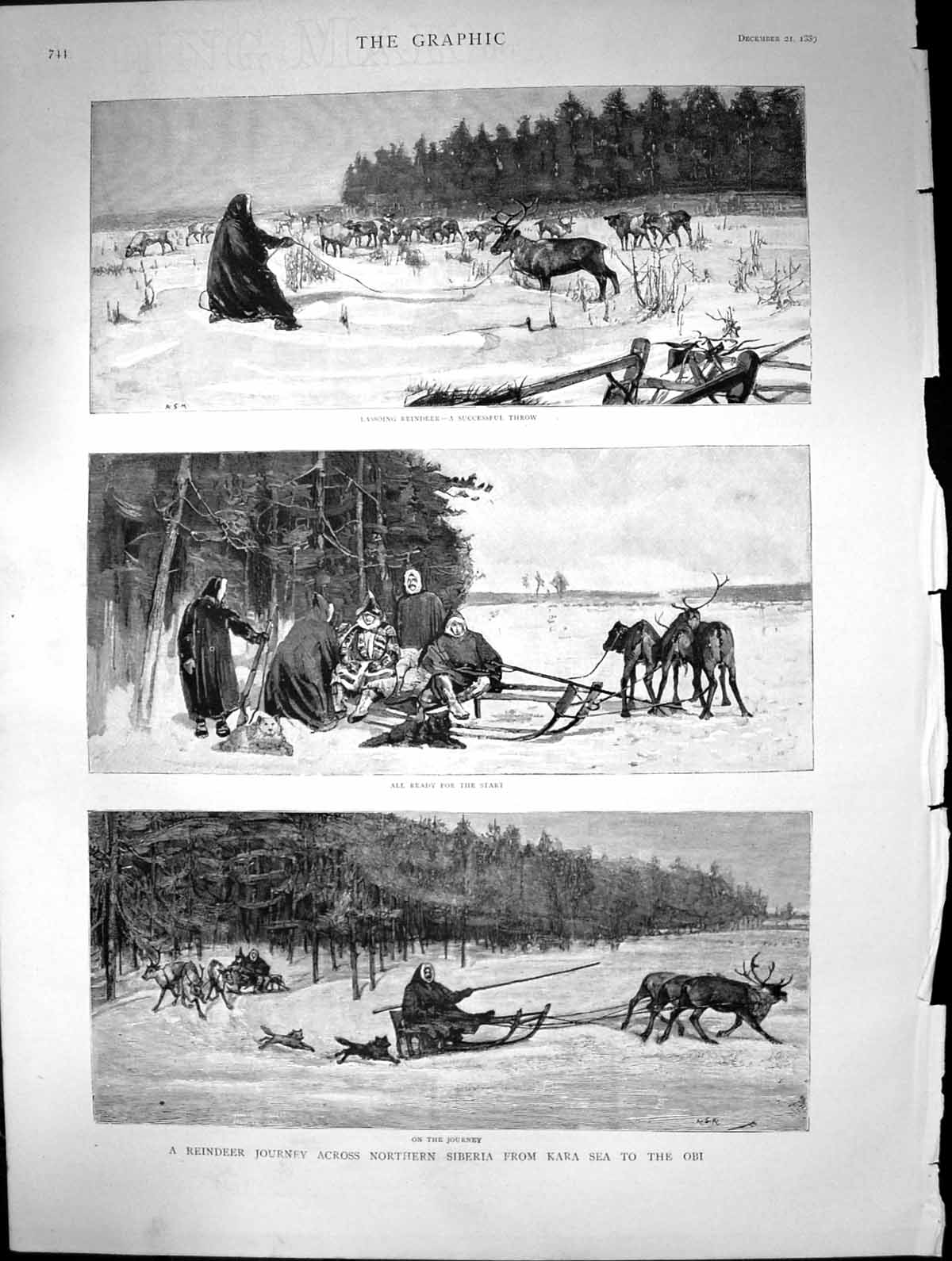 Original Old Antique Print Reindeer Journey Nortern Siberia Kara Sea Obi 1889