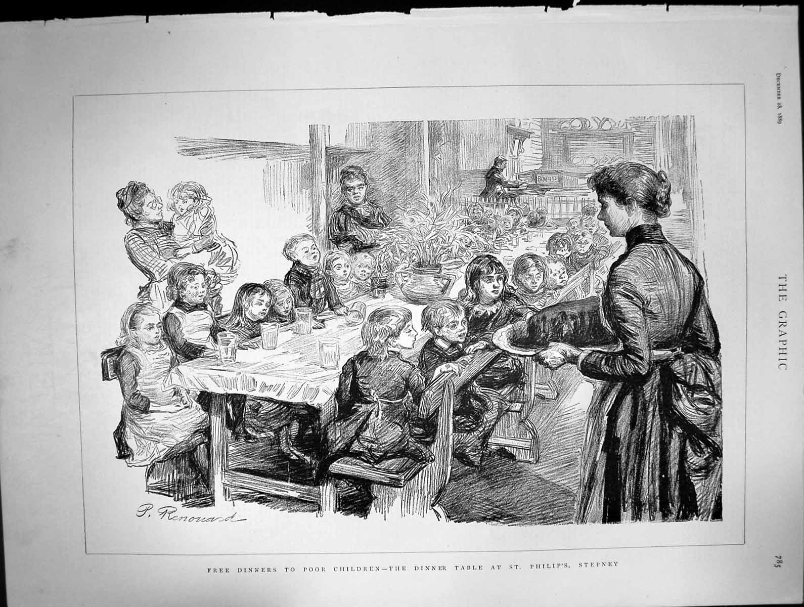 Old Print Dinner Table St Philips Stepney Free Dinner Poor Children 1889 19th