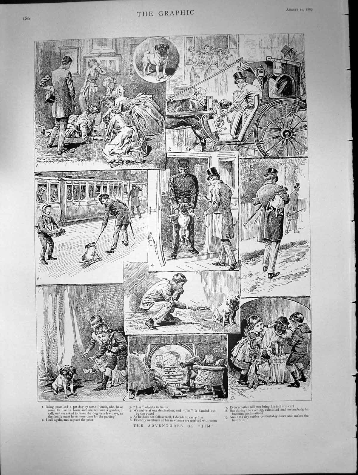 Antique Old Print Adventures Jim Pet Dog Arrives Train Carry Settle Down 1889