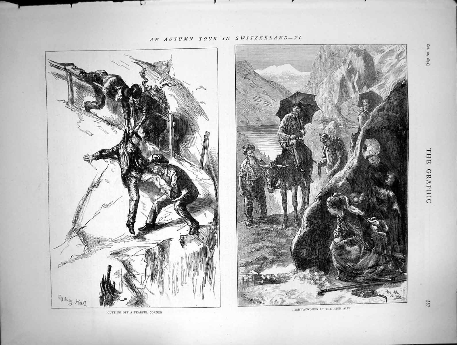 Original Old Antique Print Autumn Tour Switzerland Highwaywomen High Alps 1874
