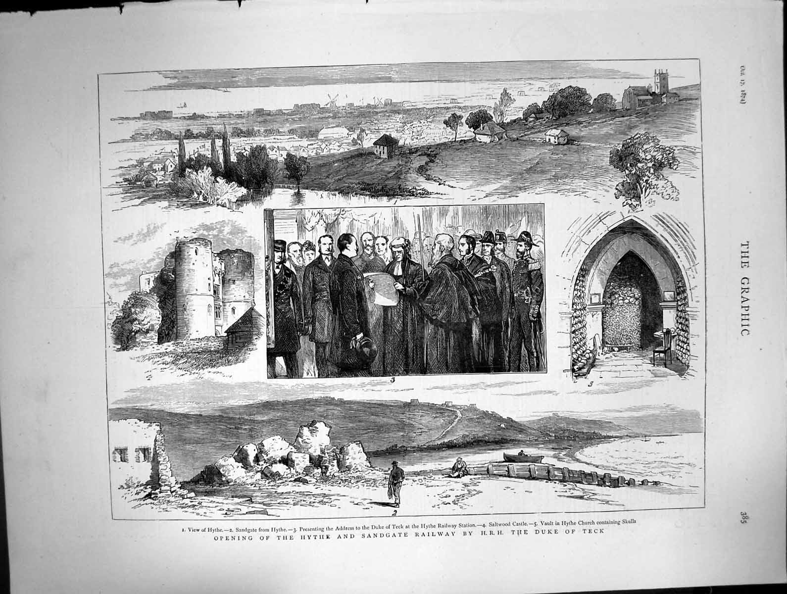 Antique Print Opening Hythe Sandgate Railway Duke Teck Saltwood Castle 1874