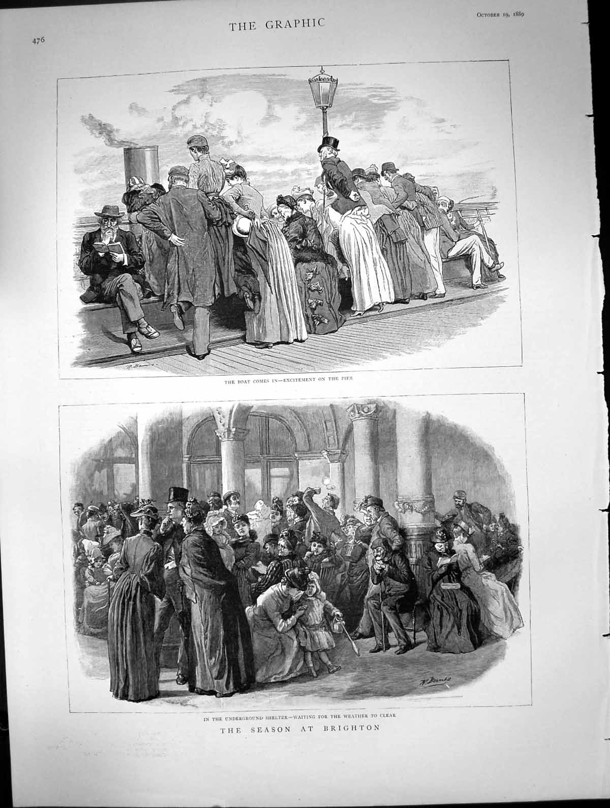 Old Antique Print Season Brighton Boat In Pier Underground Shelter 1889 19th
