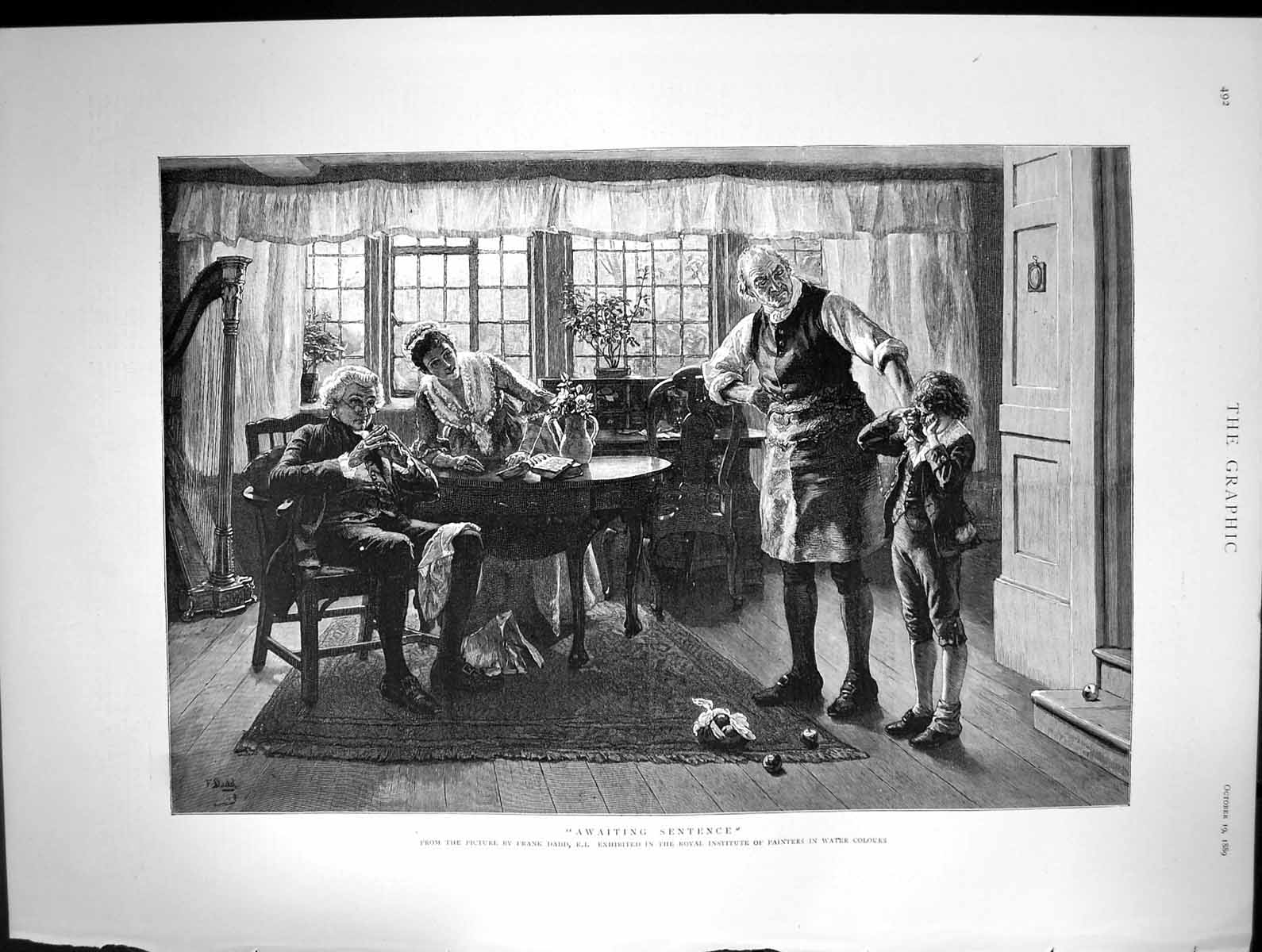 Original Old Antique Print Awaiting Sentence Frank Dadd Boy Stole Apples 1889