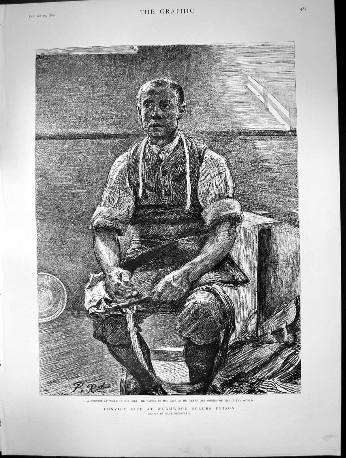 Antique Old Print Convict Life Wormwood Scrubs Prison Convict Work Cell 1889