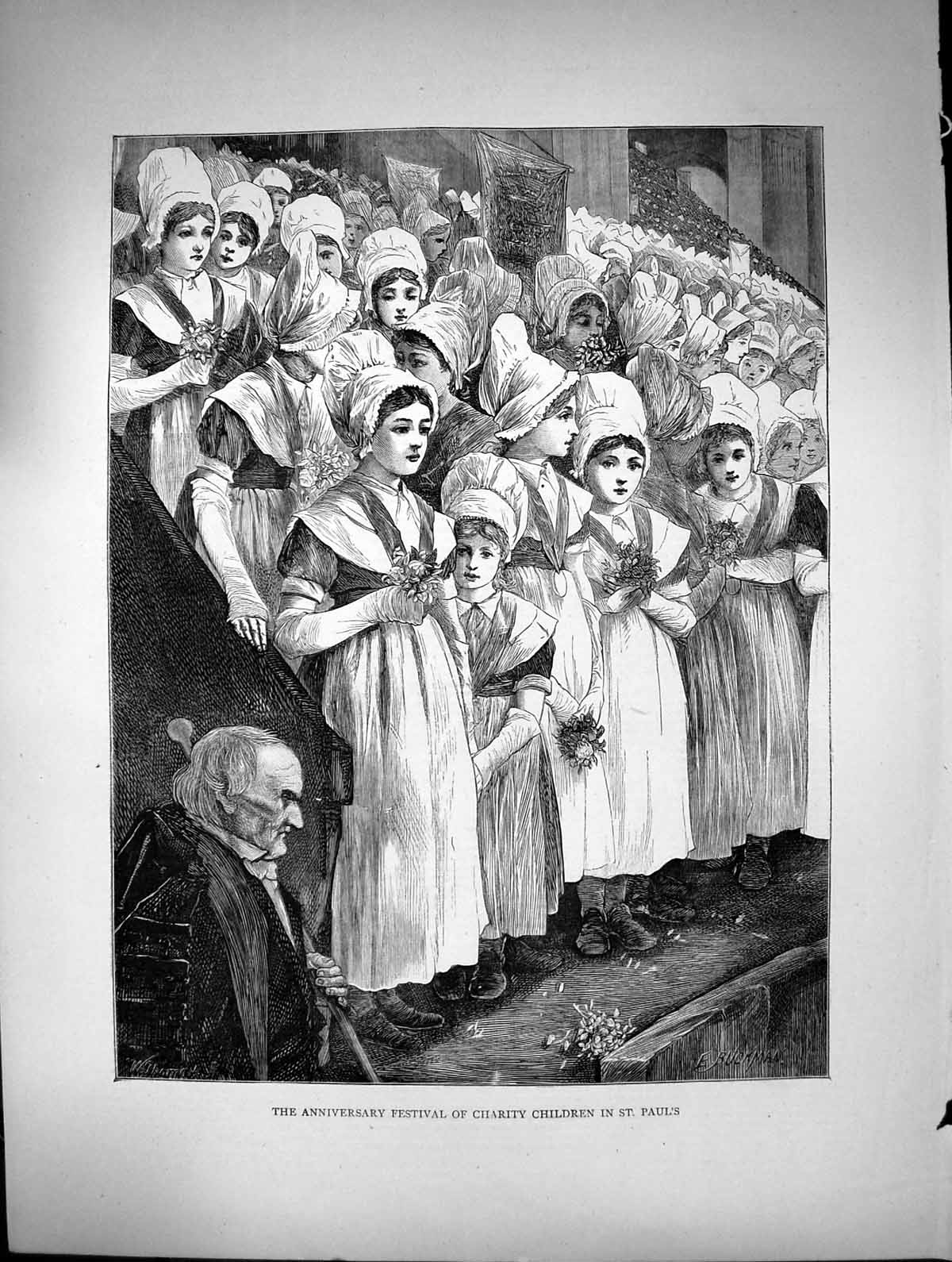 Original Old Antique Print Anniversary Festival Charity Children St Pauls 1870