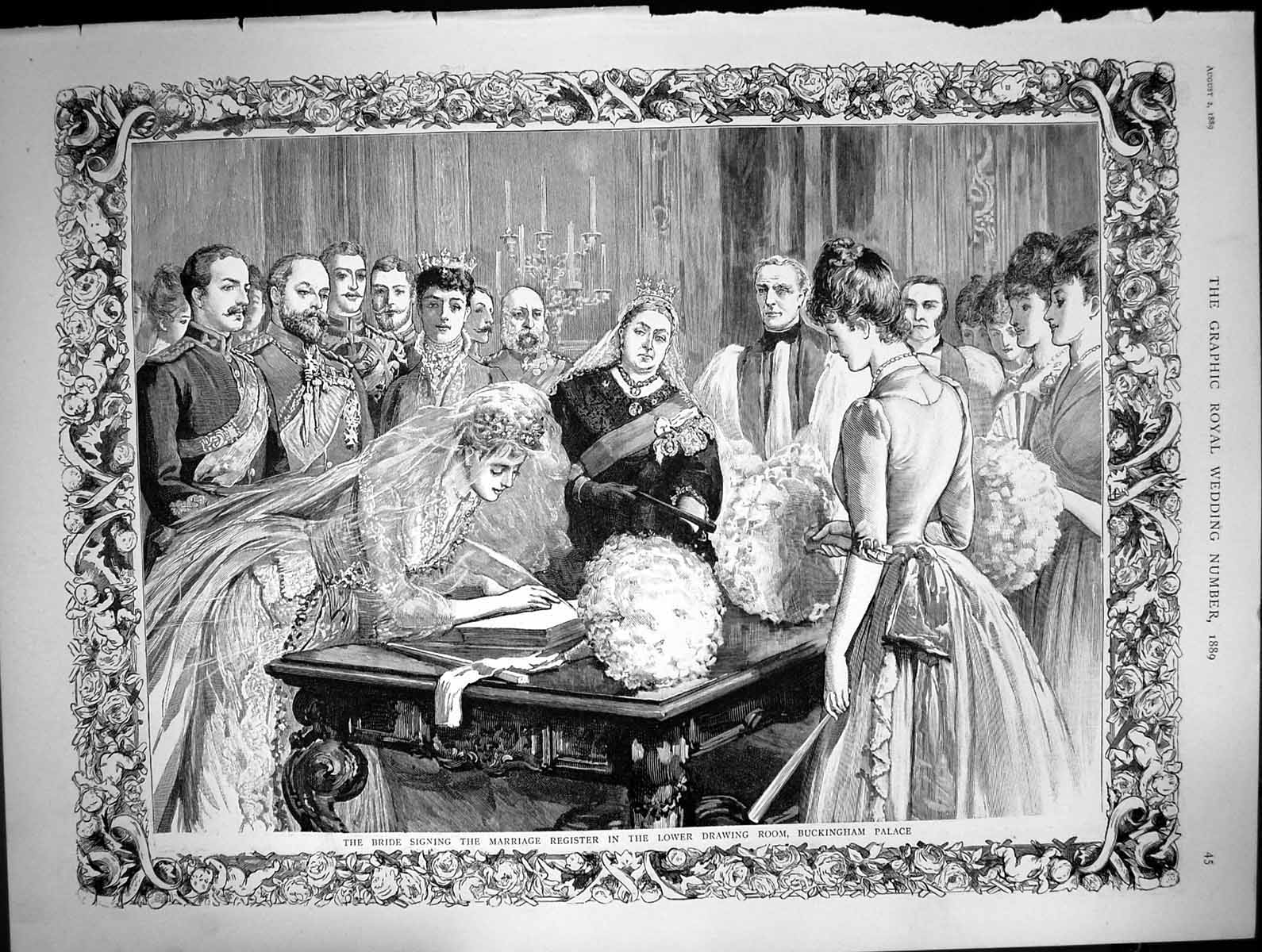 Original Old Antique Print Royal Bride Signing Register Buckingham Palace 1889