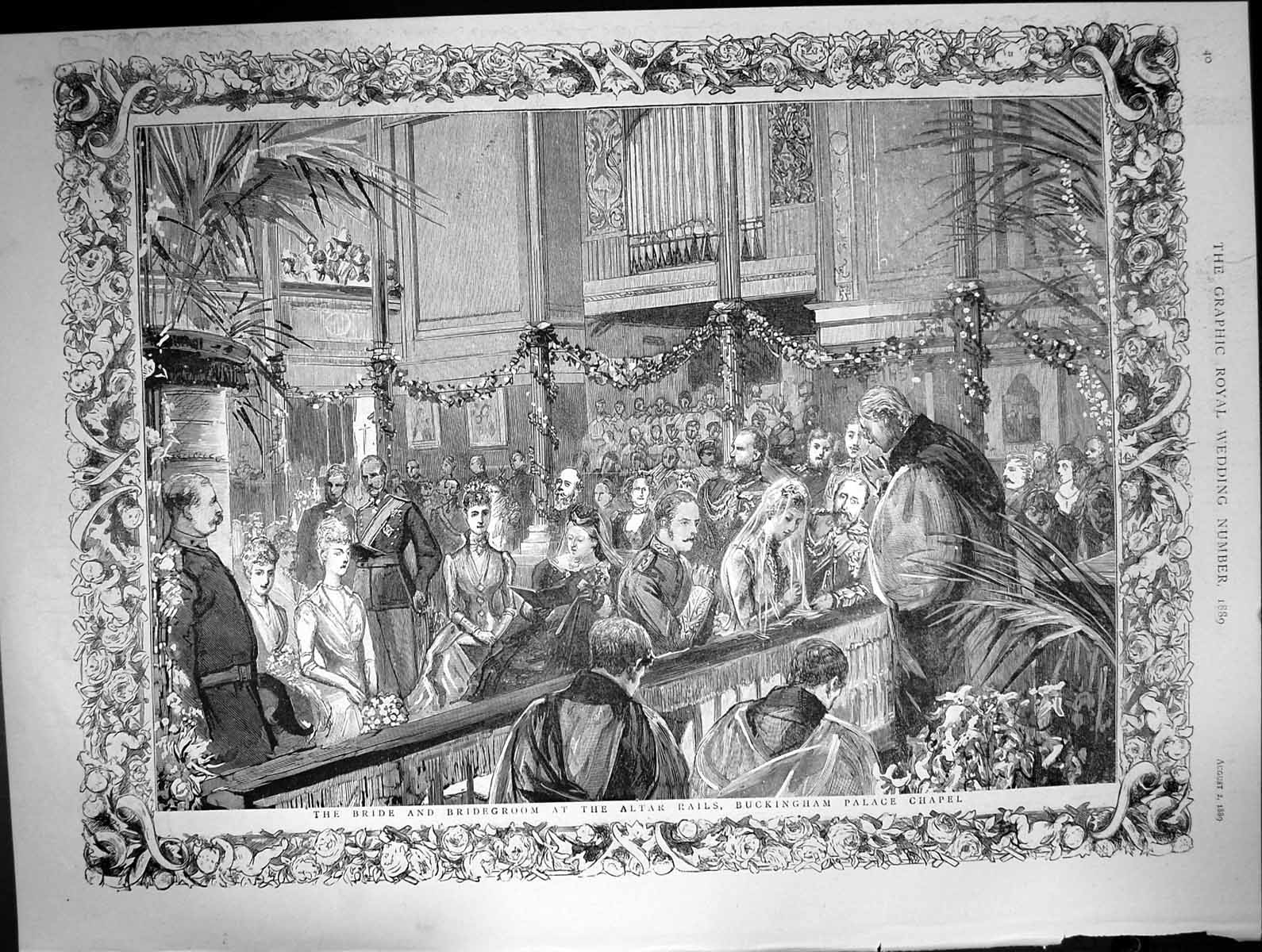 Old Antique Print Bride Groom Altar Rails Buckingham Palace Chapel 1889 19th