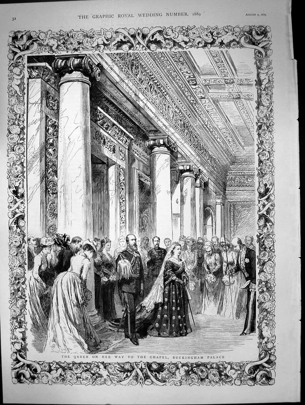 Antique Old Print Queen On Way To Chapel Buckingham Palace Royal Wedding 1889