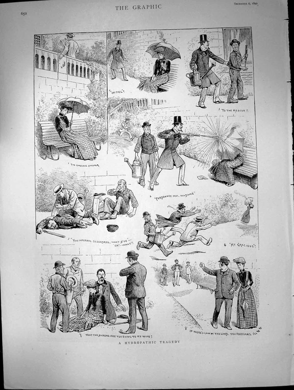 Old Antique Print Hydropathic Tragedy Lady Smoker Fire Put Out Water 1890 19th
