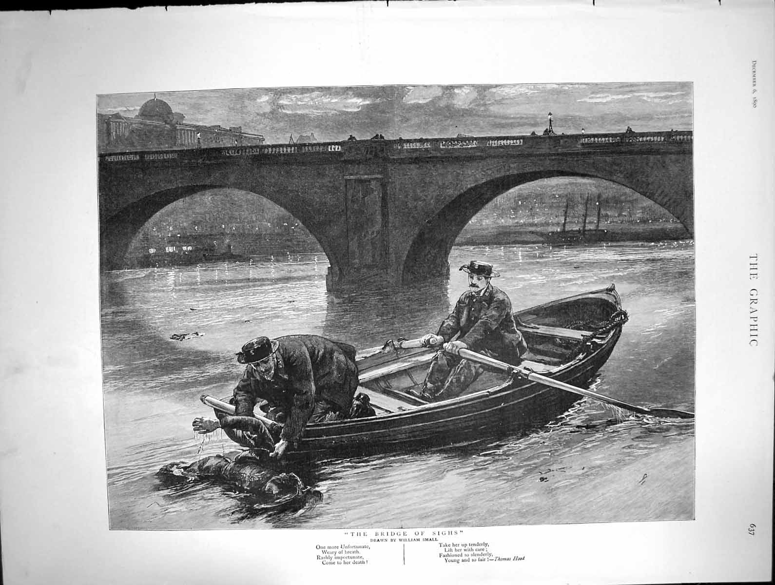 Antique Print Bridge Sighs W SmallMen Boat Recover Body Woman Water 1890