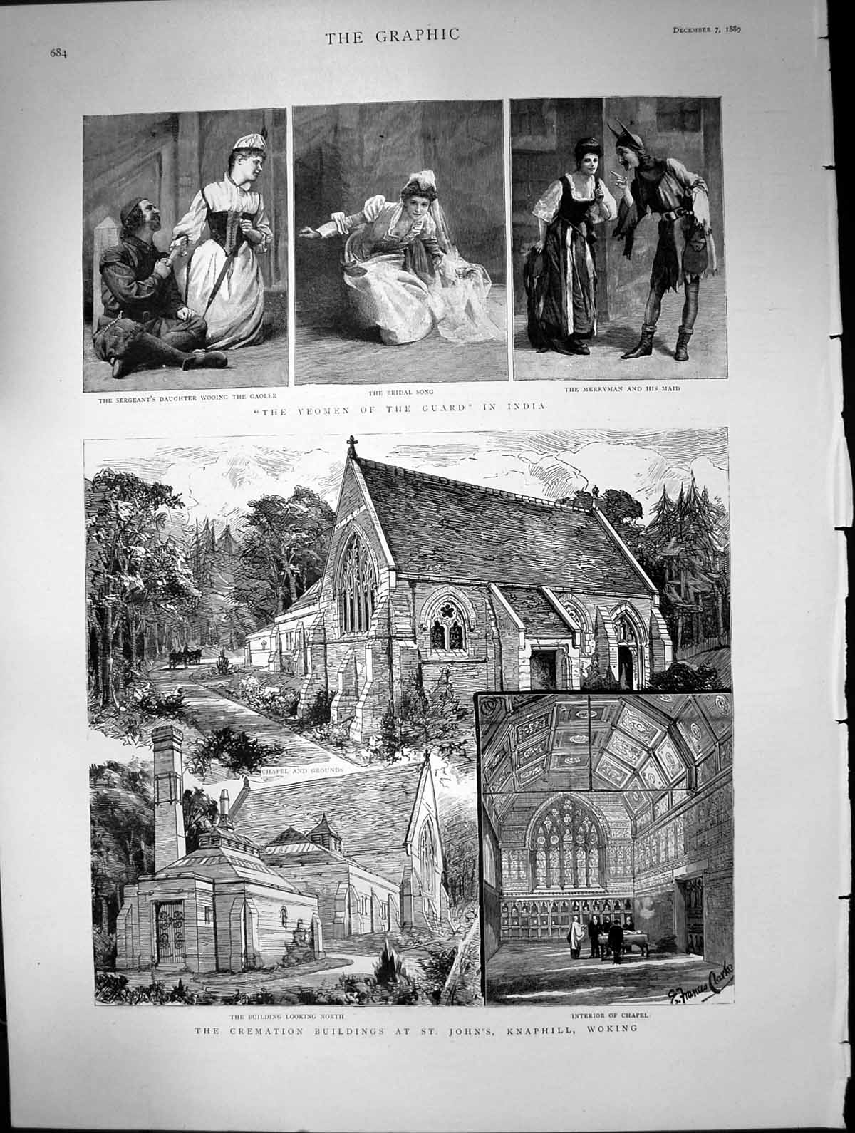 Antique Old Print Yeomen Guard India Cremation Buildings St Johns Woking 1889