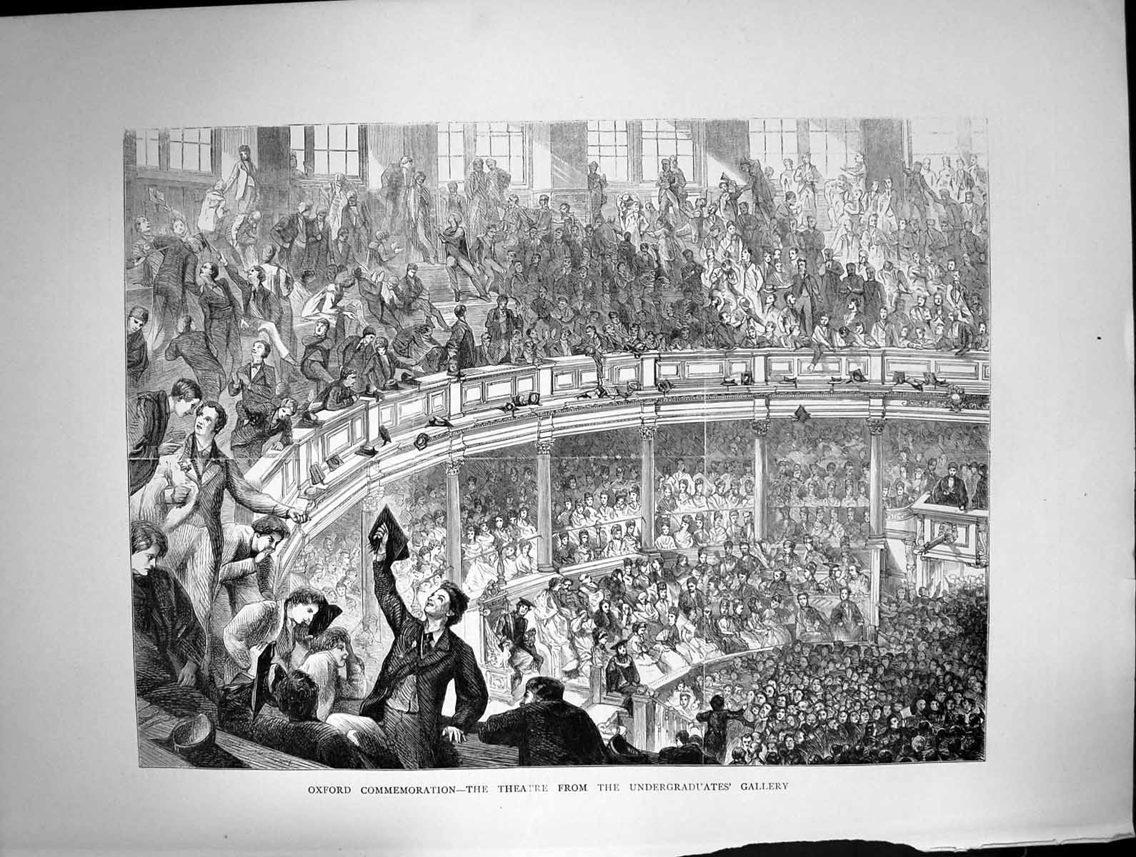 Antique Old Print Oxford Commemoration Theatre Undergraduates Gallery 1870 19th