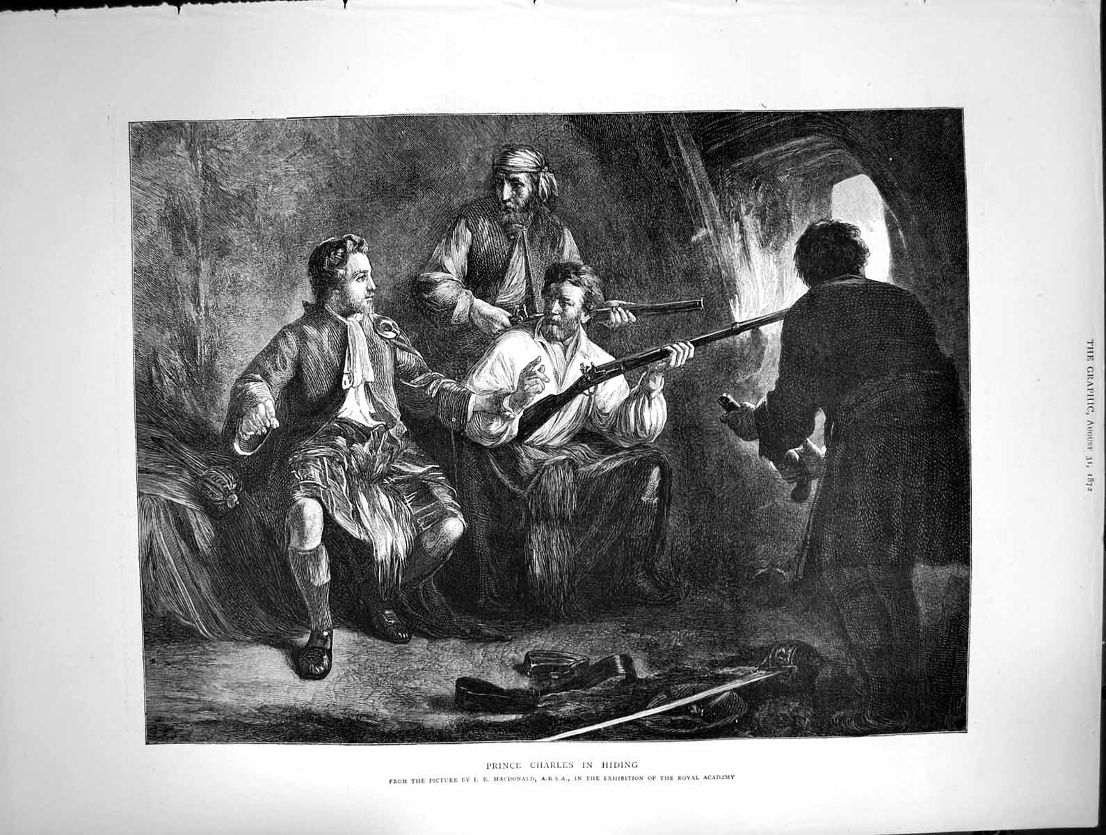 Old Antique Print Prince Charles In Hiding Guarded By Three Men Guns 1872 19th