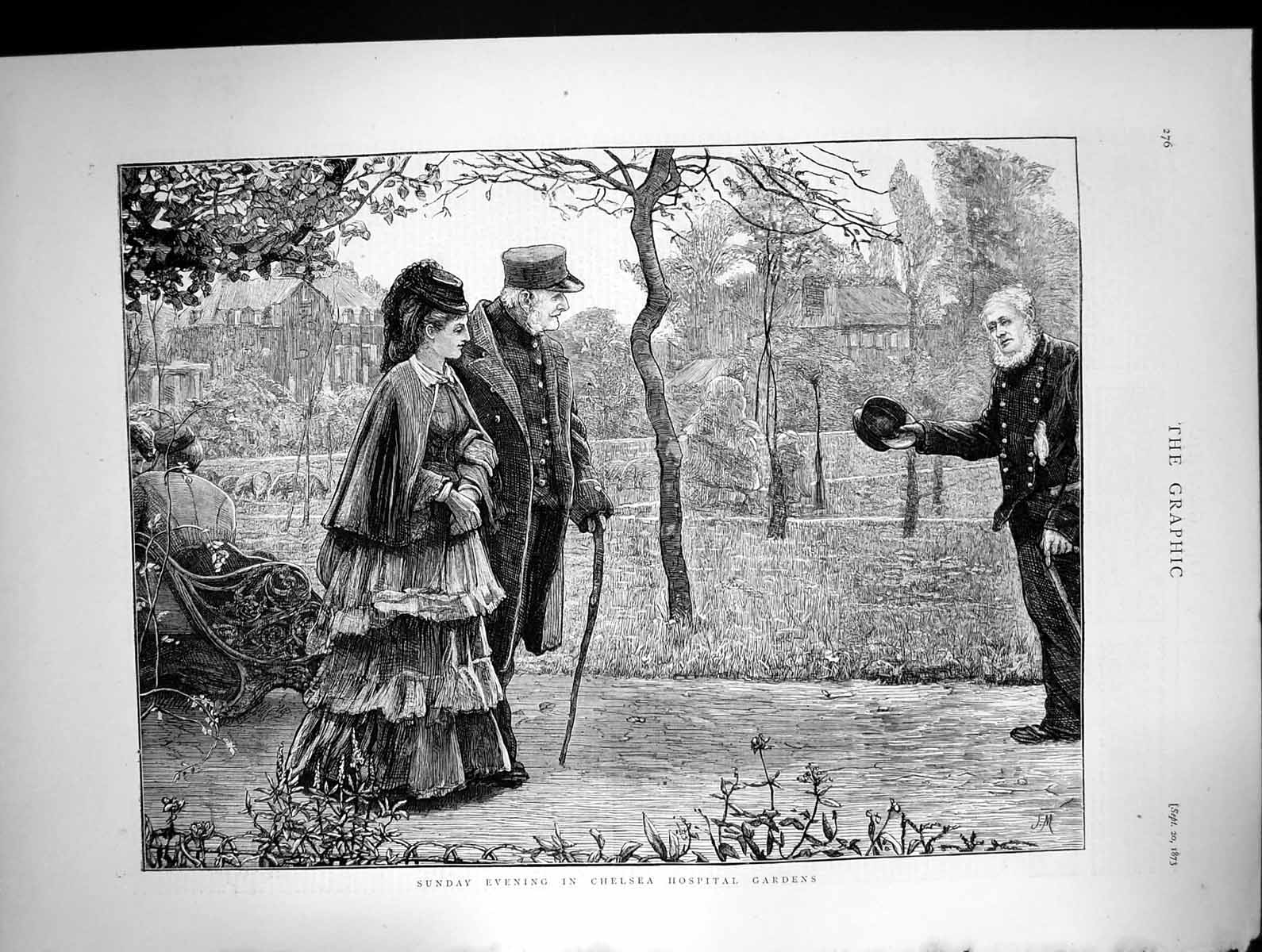 Original Old Antique Print Sunday Evening Stroll Chelsea Hospital Gardens 1873