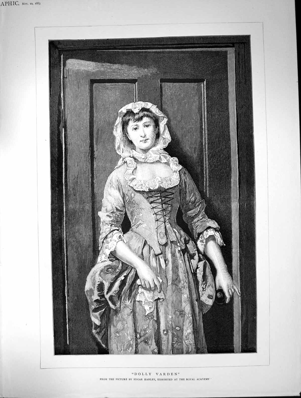 Antique Old Print Dolly Varden Edgar Hanley Royal Academy Young Woman 1883 19th