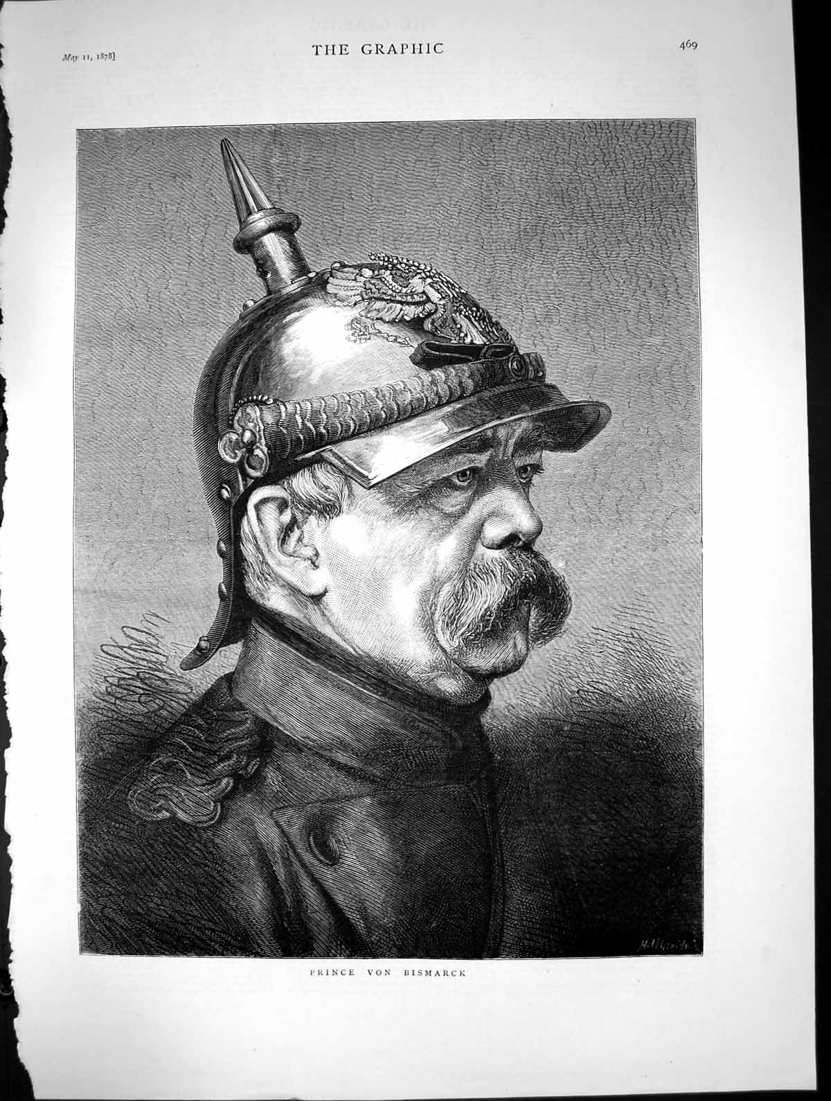 Original Old Antique Print Prince Von Bismarck Moustache Uniform Helmet 1878