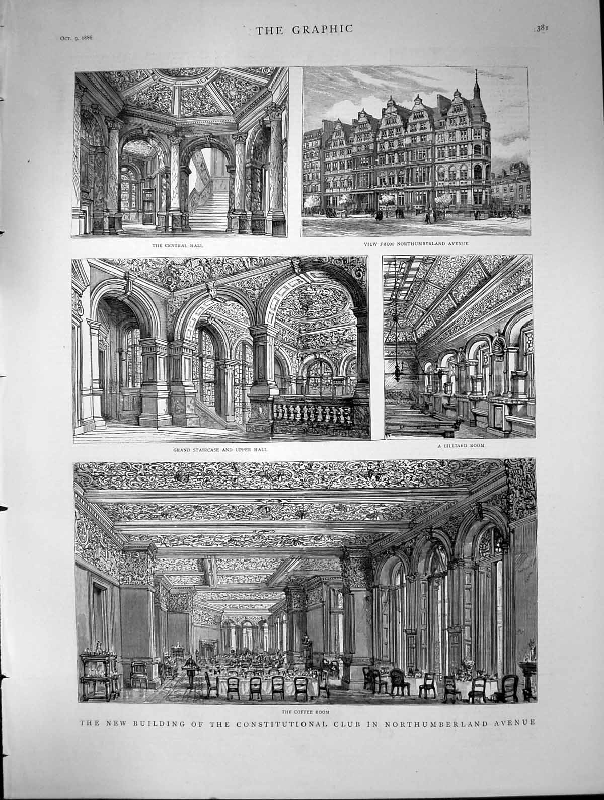 Antique Old Print New Building Constitutional Club Nrthumberland Avenue 1886