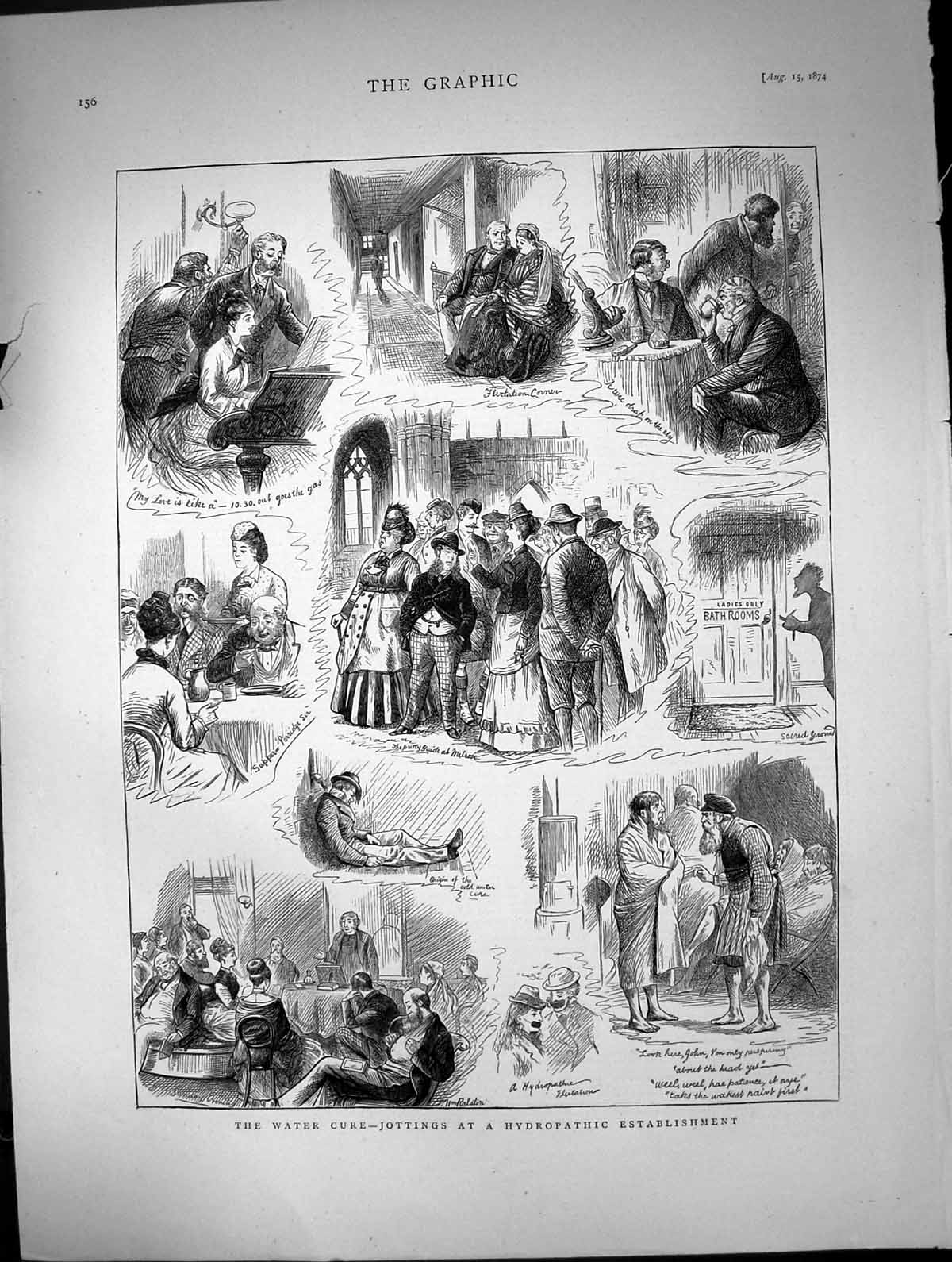 Original Old Antique Print Water Cure Jottings Hydropathic Establishment 1874