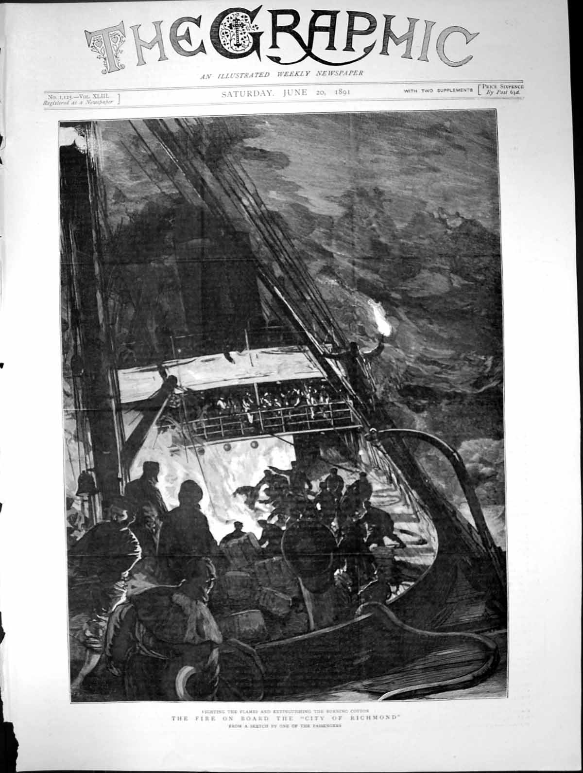 Antique Old Print Fire Ship City Richmond Fighting Flames Burning Cotton 1891
