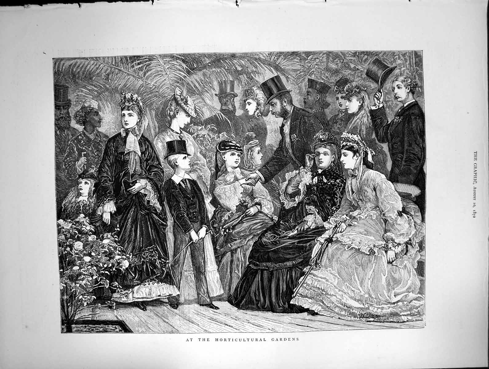 Original Old Antique Print Horticultural Gardens Group Well Dressed People 1872