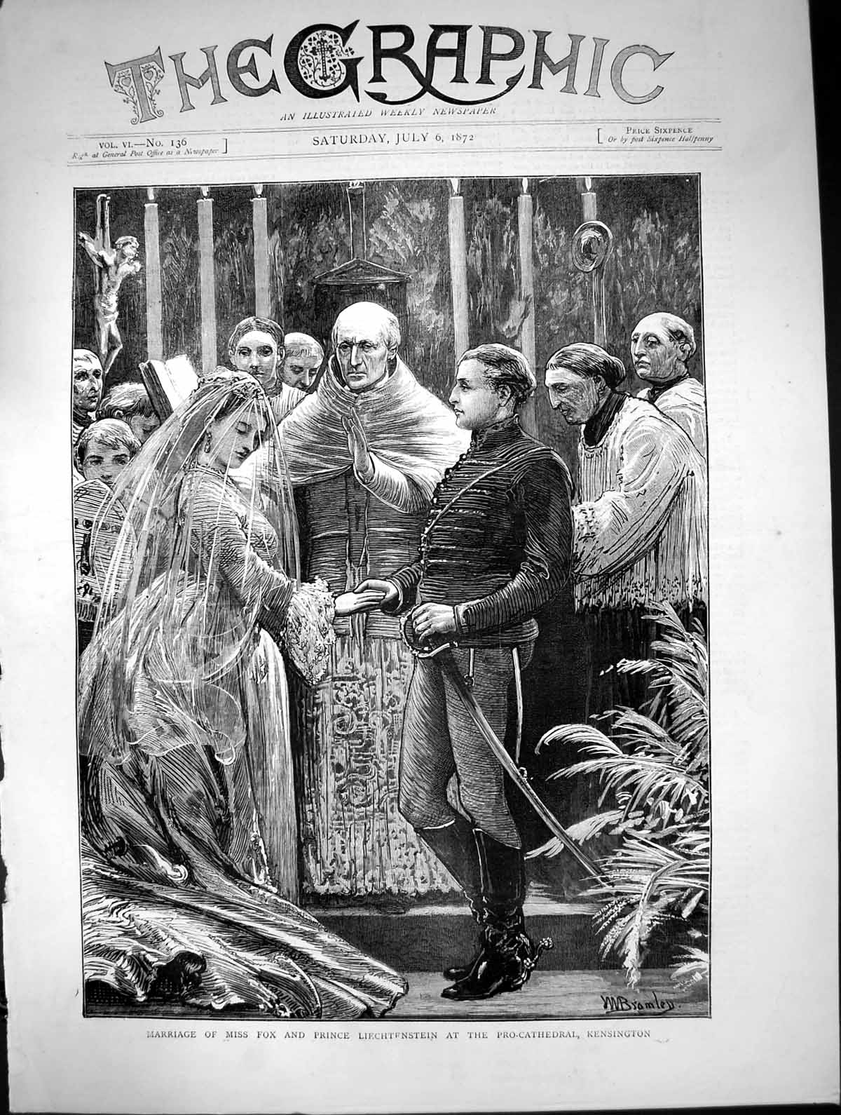 Old Antique Print Marriage Miss Fox Prince Liechtenstein Kensington 1872 19th