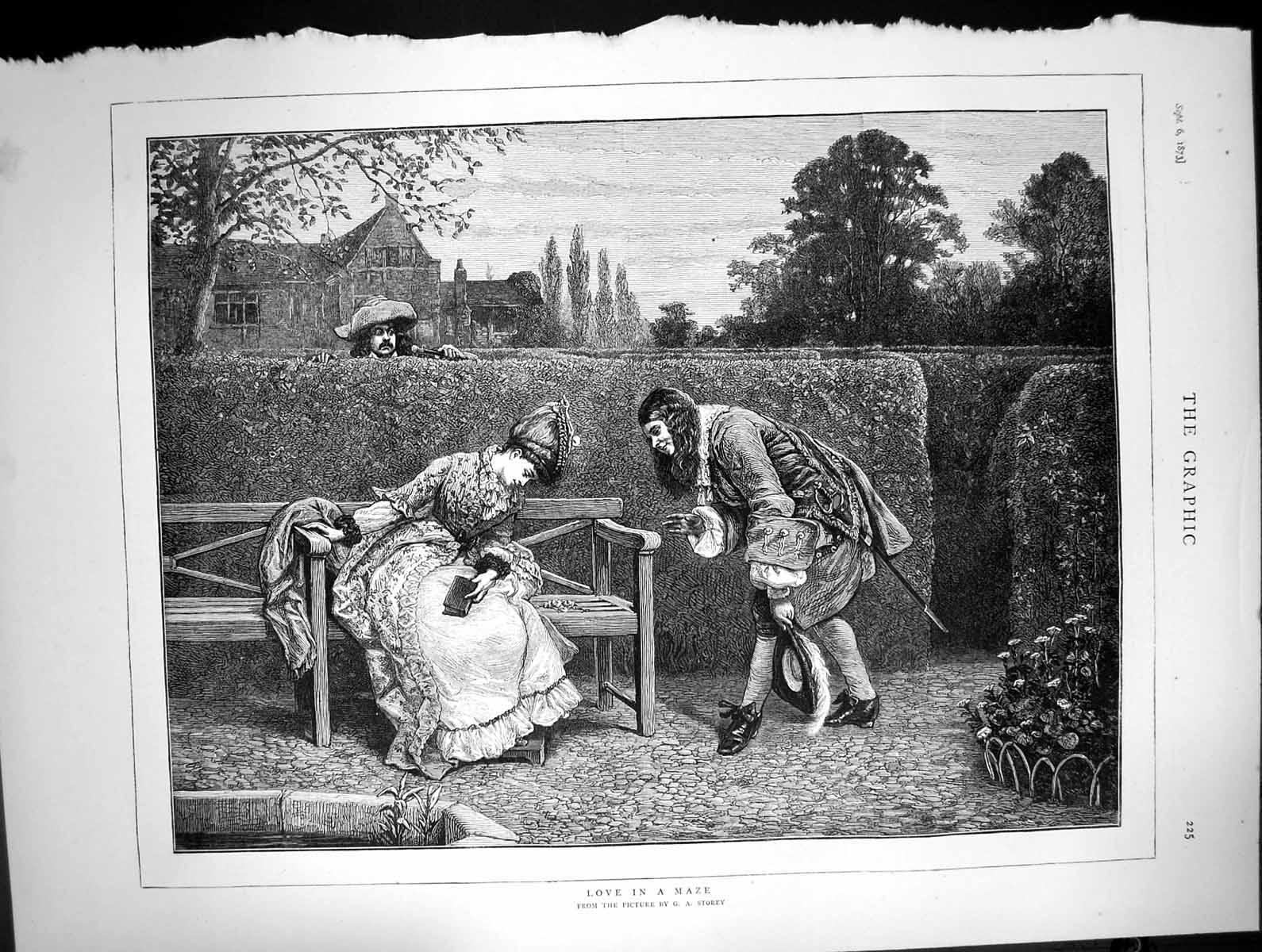 Original Old Antique Print Love In Maze Ga Storey Lady Bench Garden Suitor 1873